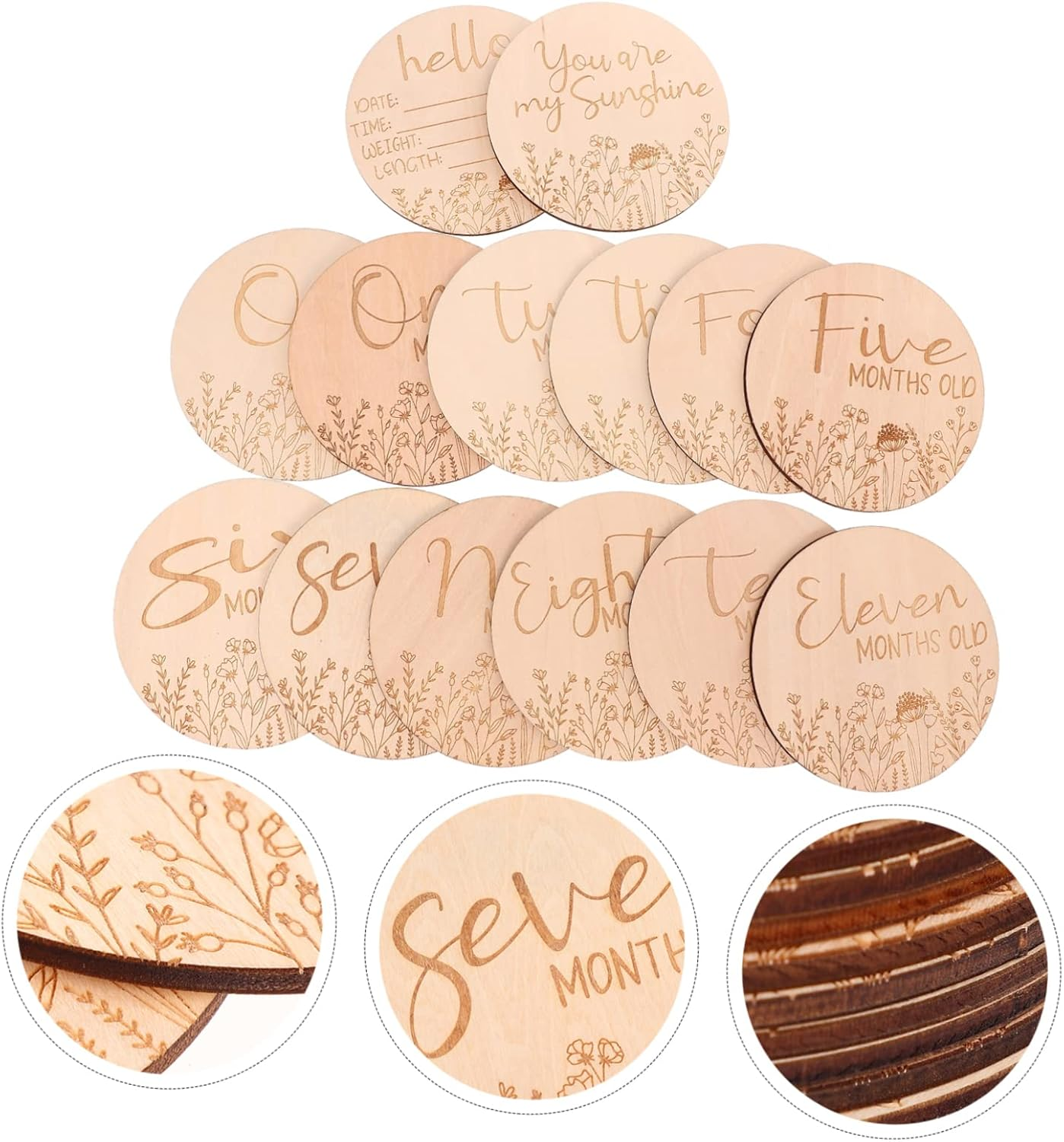 Minkissy 14Pcs Wooden Monthly Milestone Cards Set Photo Prop Cards for Parents for Documenting Growth and Special Moments Decorative Milestone Wooden Circles