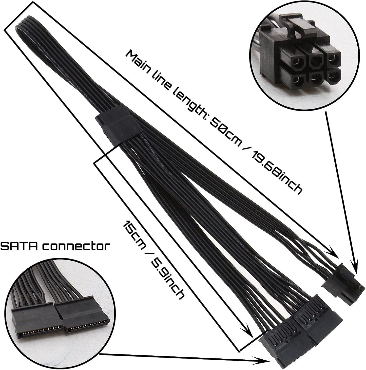 Emsea 6-Pin Male to 3X 15-Pin Female SATA Hard Drive Interface Adapter Power Supply Cable 1007 18AWG Compatible with Corsair Modular Psus image number 6