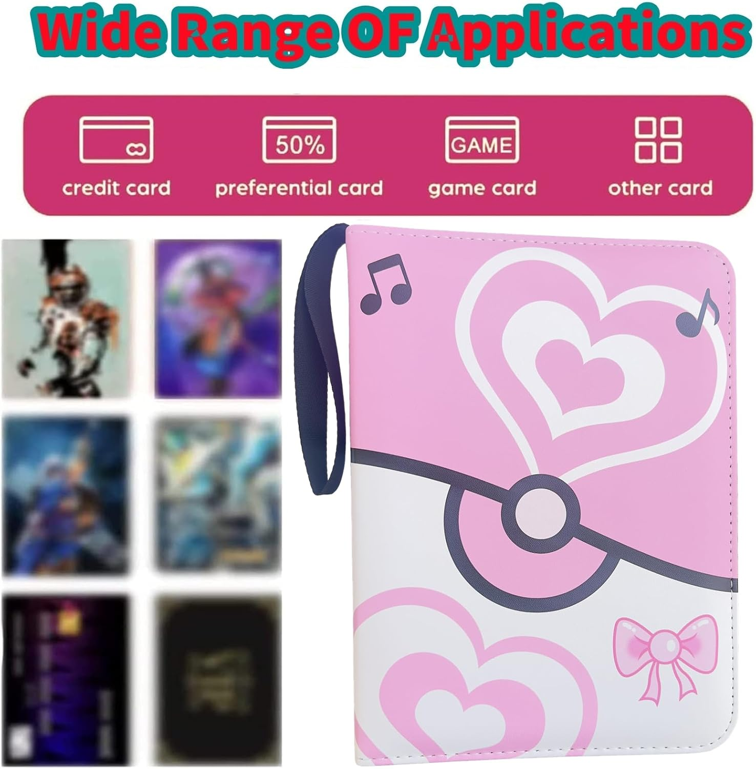 Trading Card Album Binder 4 Pocket,50 Removable Sleeves Fits 400 Cards, Cards Holder Album PU Leather Folder with Zipper and Strap for Game,Book Folder Storage Organizer for Boys Girls (Pink) image number 3