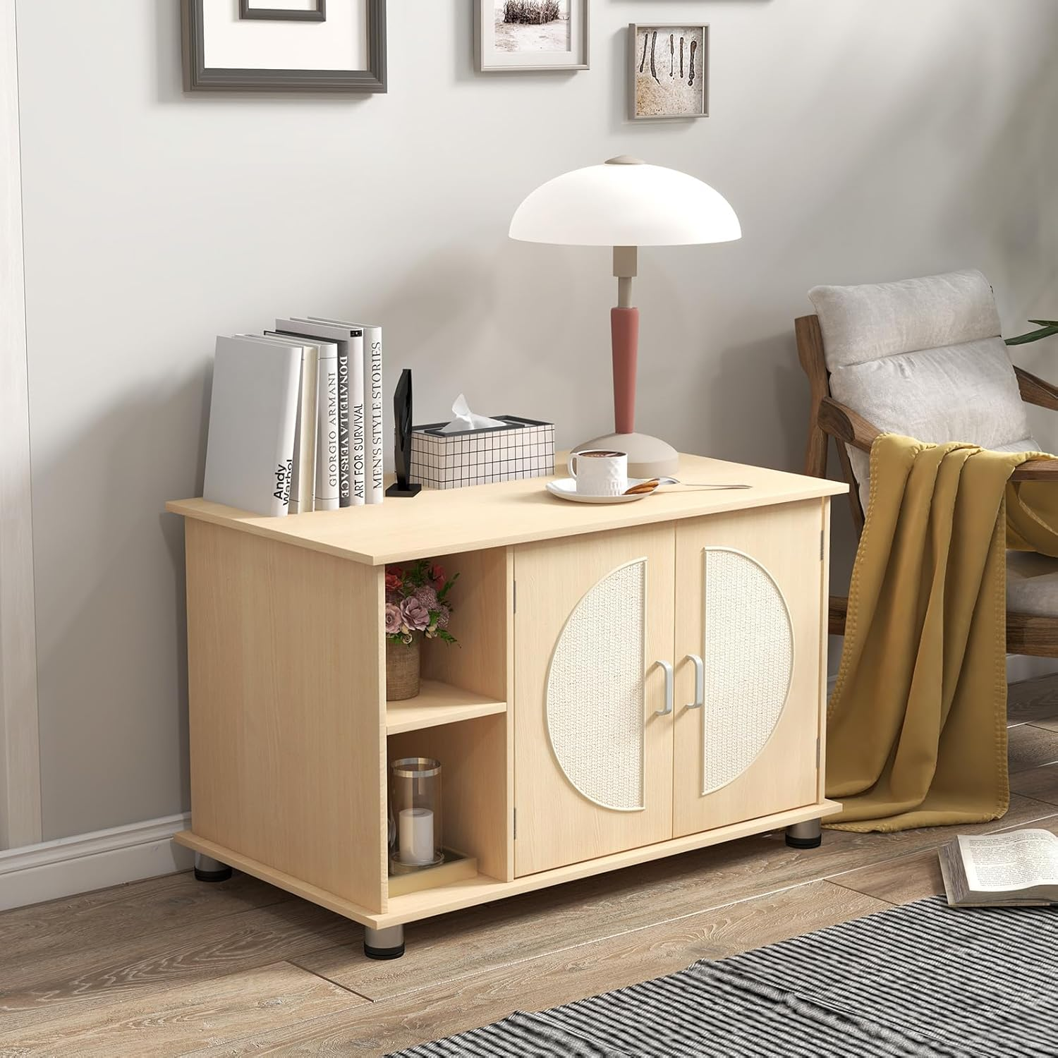 Costway Cat Litter Box Enclosure with Sisal Scratching Doors, Adjustable Metal Feet, Hidden Washroom with Storage, Indoor Cabinet End Side Table, Wooden House Furniture for Kitten & Adult image number 1