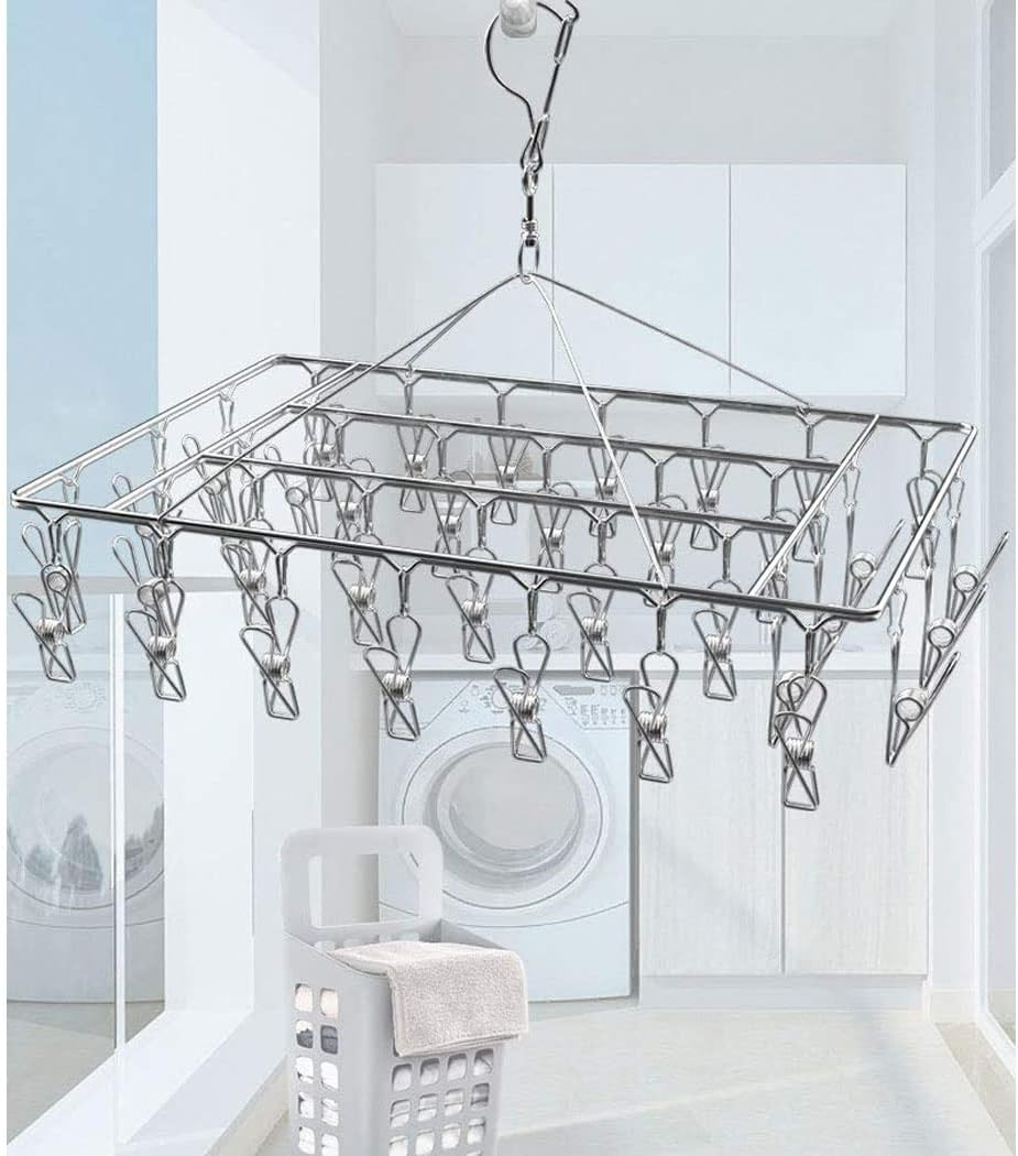 Clothes Drying Rack, 50 Clips Large Stainless Steel Laundry Clothesline Hanging Rack Drying Clothes Hanger Clothespins Windproof Pegs Hook for Drying/Socks/Underwear/Clothes/Towels (50) image number 4