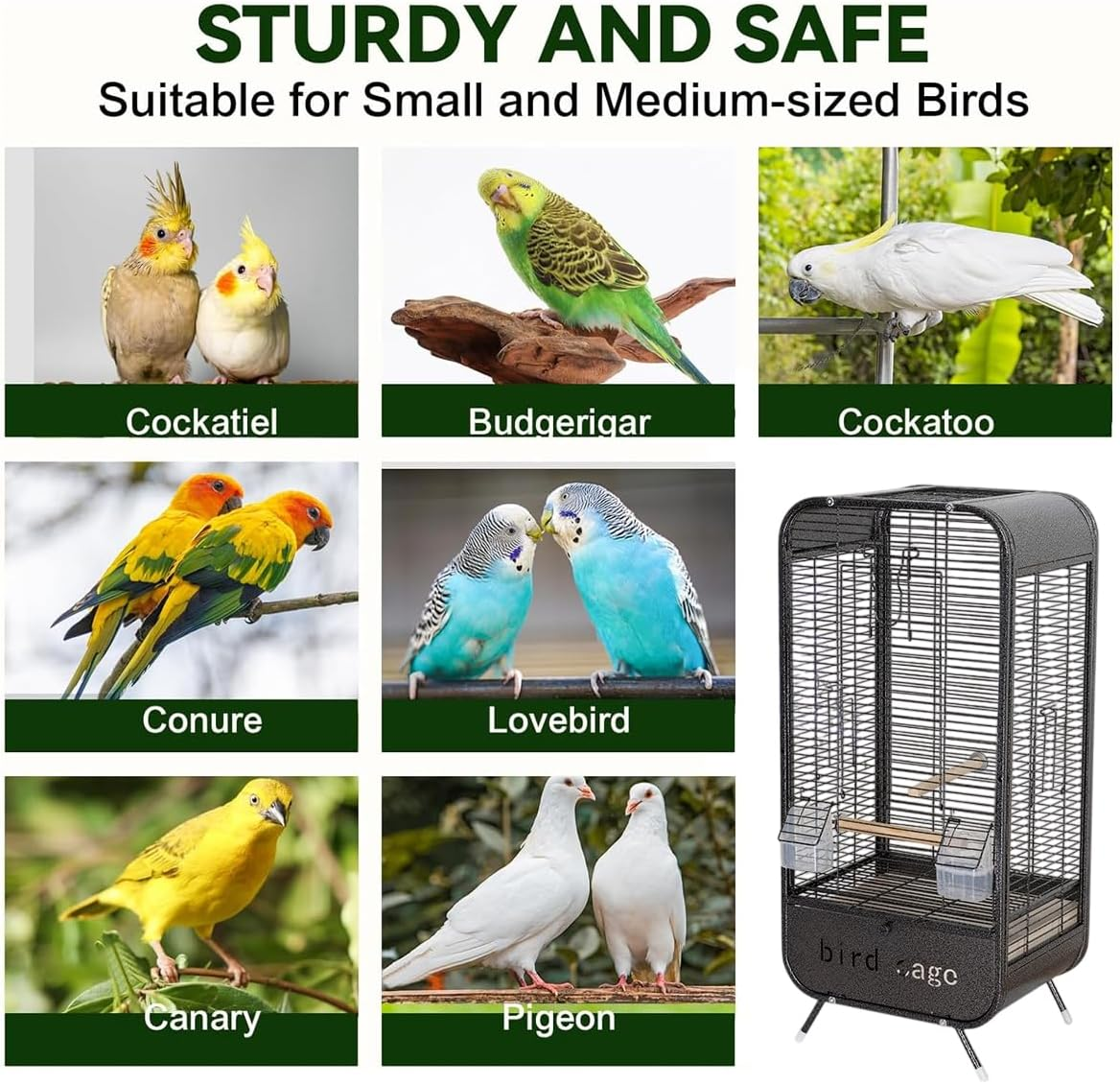 AIMALL Metal Parrot Cage, 13.7&times;11&times;30.3In Durable Spacious Habitat with Feeder & Perch, Ideal for Parrots Cockatiels Budgerigars, Stylish Viewing Home Avian Enclosure - Black image number 5