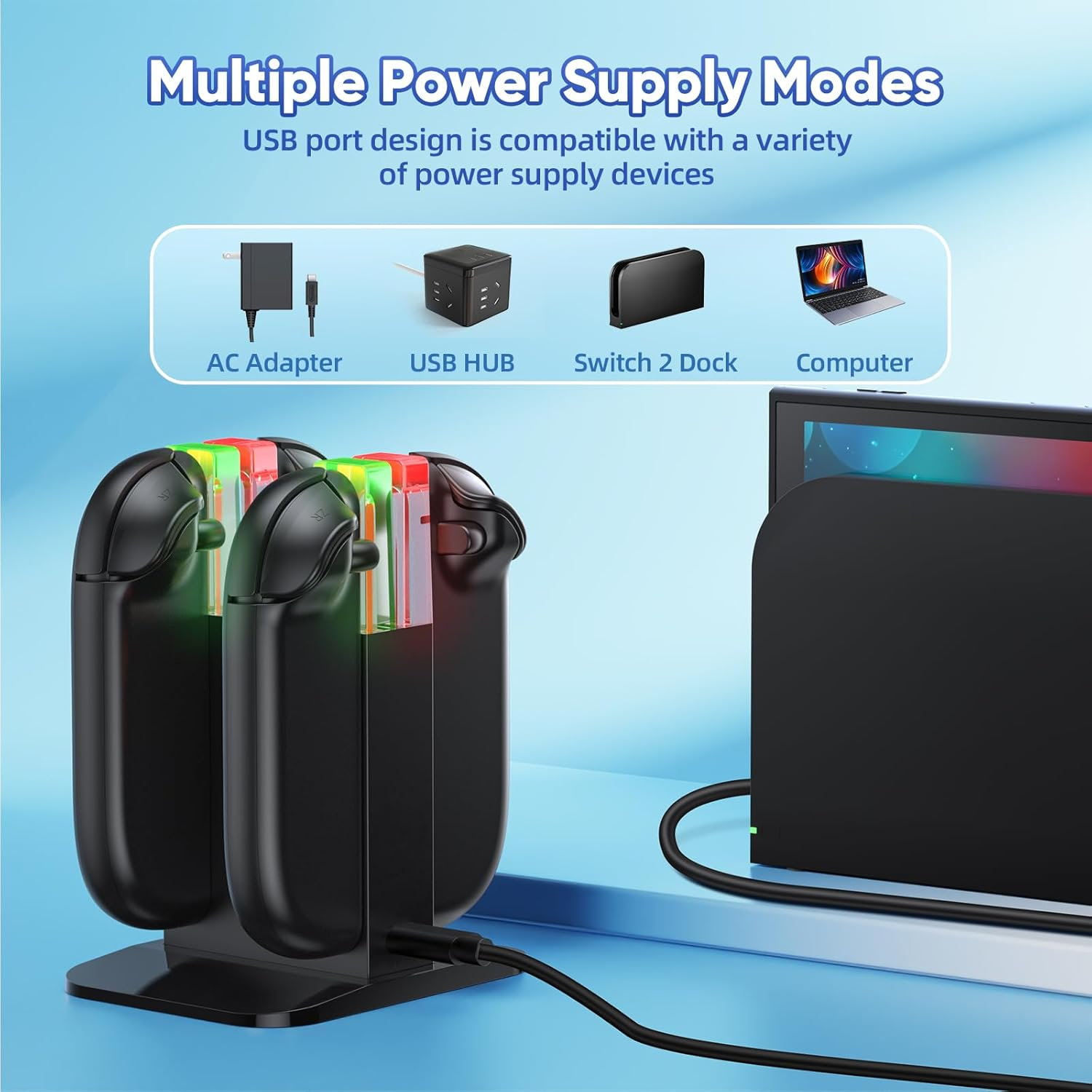 KINWIN Charging Dock for Nintendo Switch 2 (2025) Joy-Con Controllers, NS2 Joycons Charging Station with Lamppost LED Indication, Magnetic Charger Stand with a USB Type-C Charging Cable image number 1