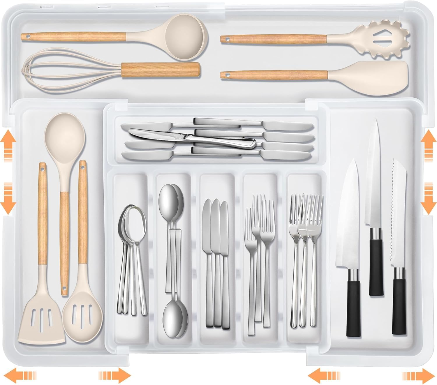 Cutlery Drawer Organiser with 9 Compartments, 3-Sided Expandable Kitchen Drawer Organiser, Non-Slip,Large for Spoons, Forks and Knives (Black)