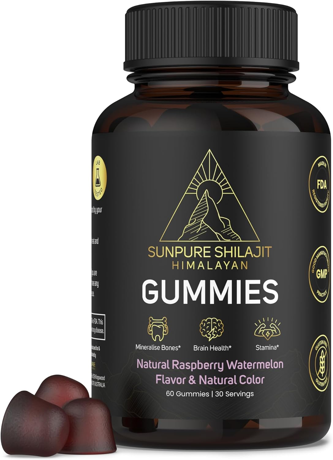 Sundried Himalayan Shilajit Gummies - Raspberry Watermelon Flavour | 85+ Ionic Minerals & Trace Elements | Fulvic & Humic Acid | 60 Gummies