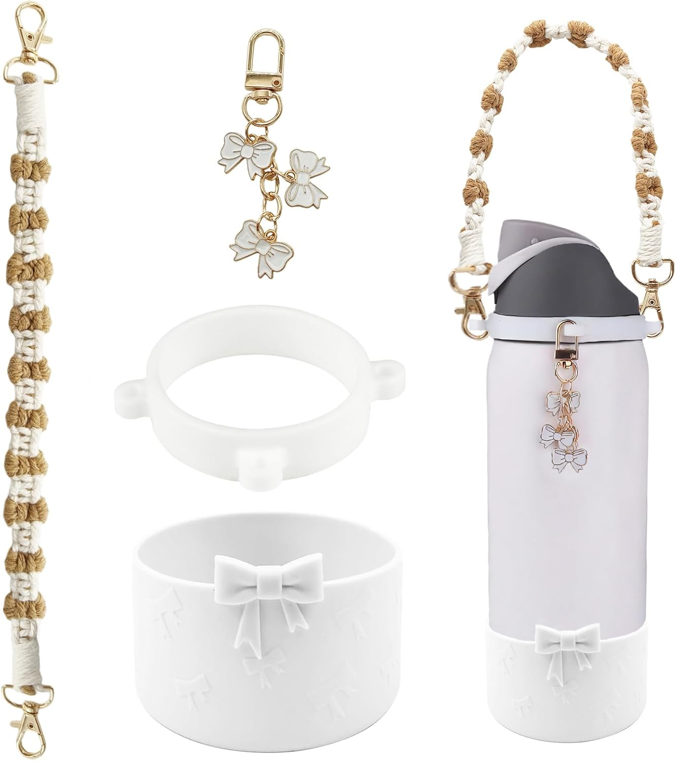 Cup Accessories for Owala Water Bottle 24/32/40Oz,Bow Charm、Bow Handle Strap and Water Bottle Boot for Owala Accessories and Stanley Cup Accessories Fits Owala Tumbler, Owala Freesip (Purple, 24 Oz)