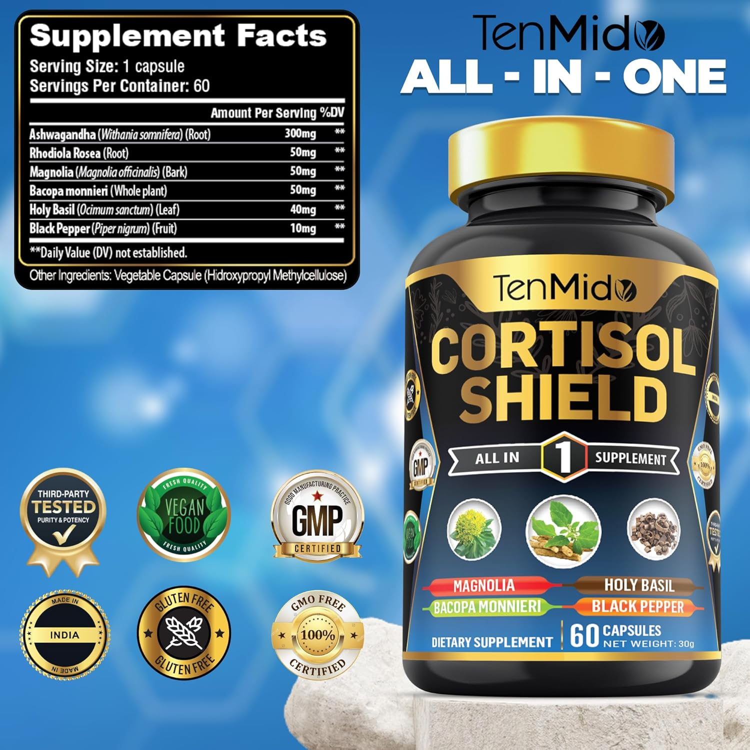 Cortisol Shield Supplement - 6In1 with Ashwagandha, Rhodiola Rosea, Magnolia, Bacopa, Holy Basil & Black Pepper - 60 Vegan & Non-Gmo Capsules image number 5