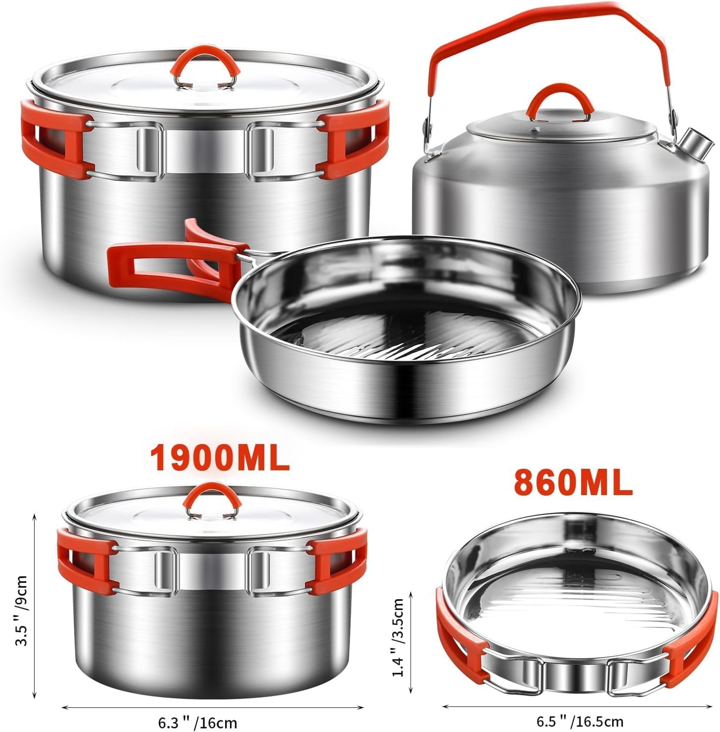 Camping Cookware Kit, 304 Stainless Steel Camping Cooking Set, Camping Pot and Pan Set with Kettle Cups Plates Forks Knife Spoon for Camping Outdoor Hiking Picnic Rvs for 2-3 People image number 4