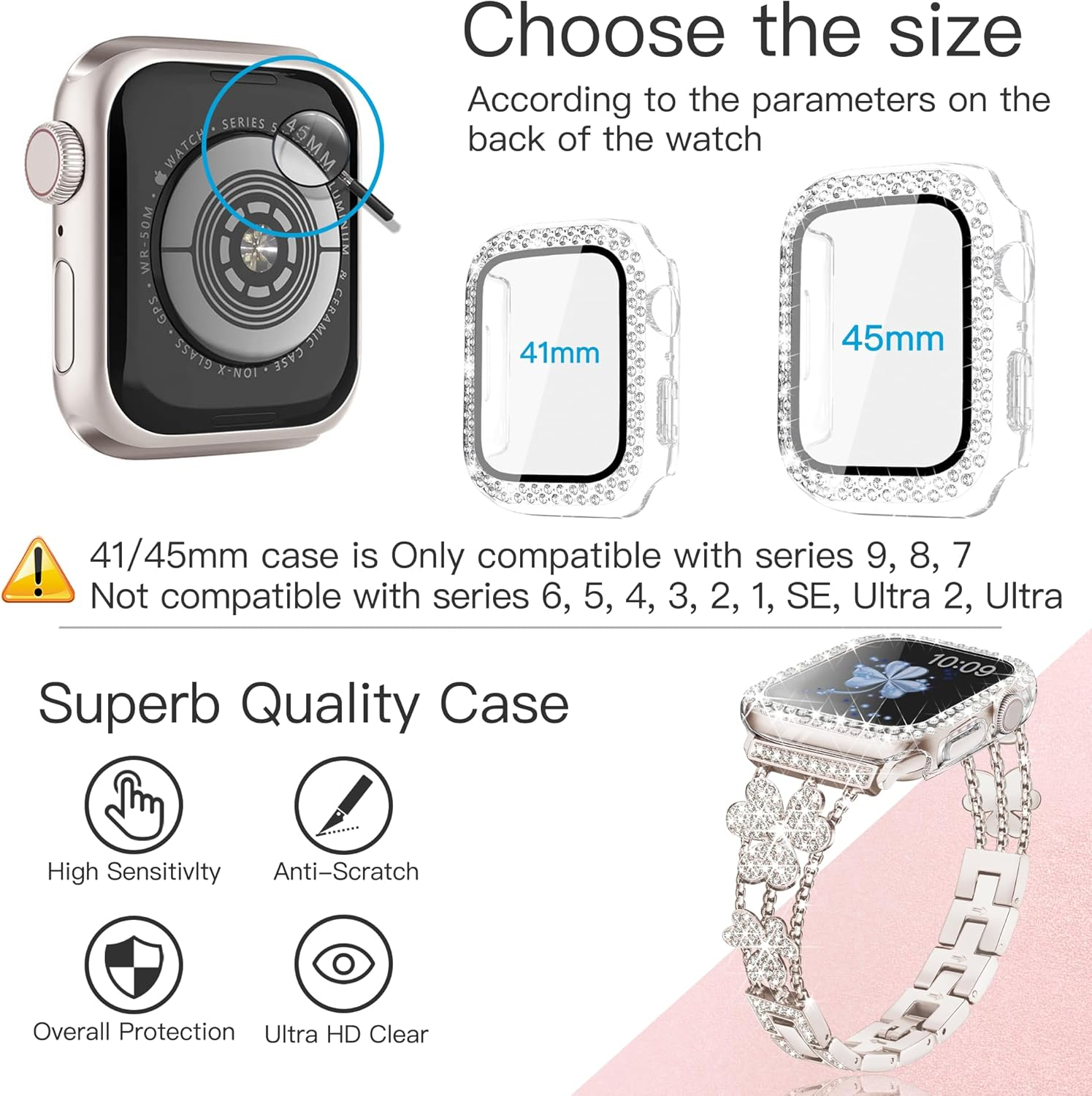 Vamyzji Compatible Apple Watch Band + 45Mm Bling Diamond Protective Case with Screen Protector, Easy Adjustable Jewelry Metal Band Bracelet for Apple Watch Series 9, 8, 7 (Starlight) image number 5