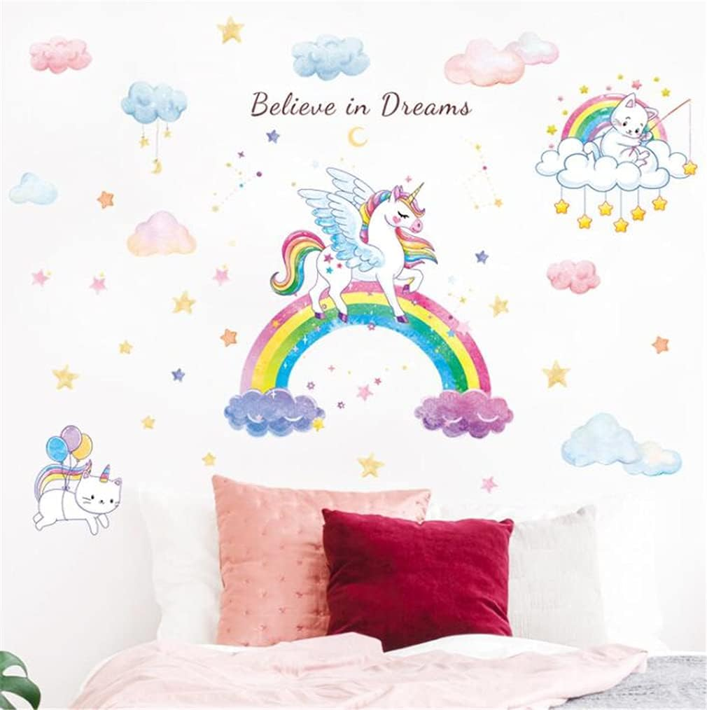 Rainbow Unicorn Wall Decals, Large Size Removable Unicorn Wall Decal Stickers with Cute Cat Kitty Clouds Stars Art Decal, DIY Home Wall Decor Stickers for Girls Bedroom Baby Nursery Kid Birthday Party image number 2