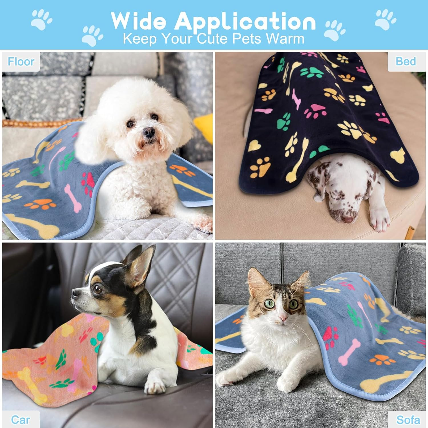 1 Pack 3 Dog Blankets, 3 Pcs Pet Flannel Blankets, Super Soft Fluffy Cute Bone Pattern Fleece Pet Blanket, Throw Blankets for Dogs & Cats, Bedding, Couches & Travel Puppy Blankets image number 3