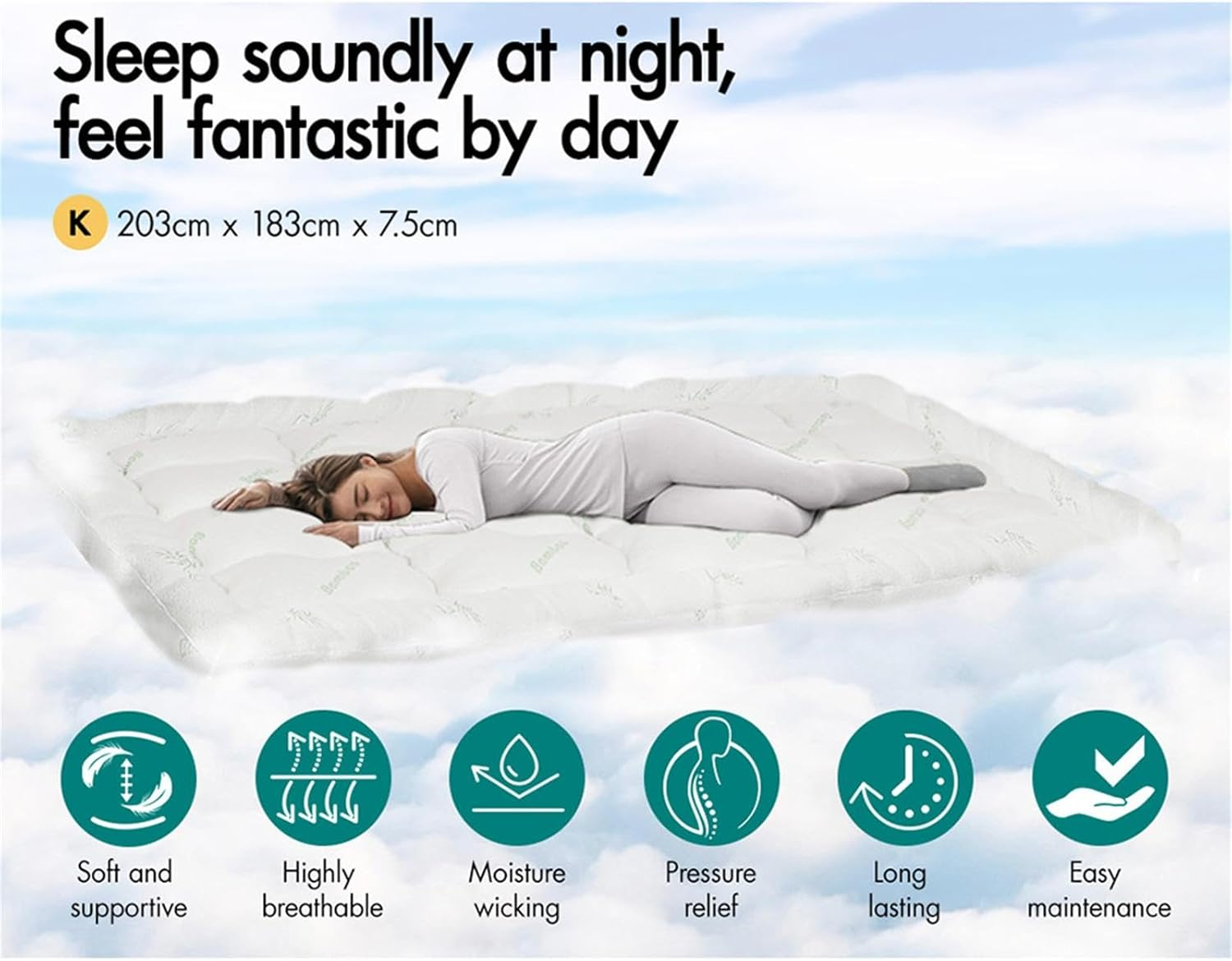 STARRY EUCALYPT Pillowtop Mattress Topper 7.5Cm Thick with Fabric Cover King Size, 1000GSM Microfibre Bamboo Fibre Filling Pillow Top Mattress Topper, Beddings Bed Mat Pad, White & Bamboo Pattern image number 5