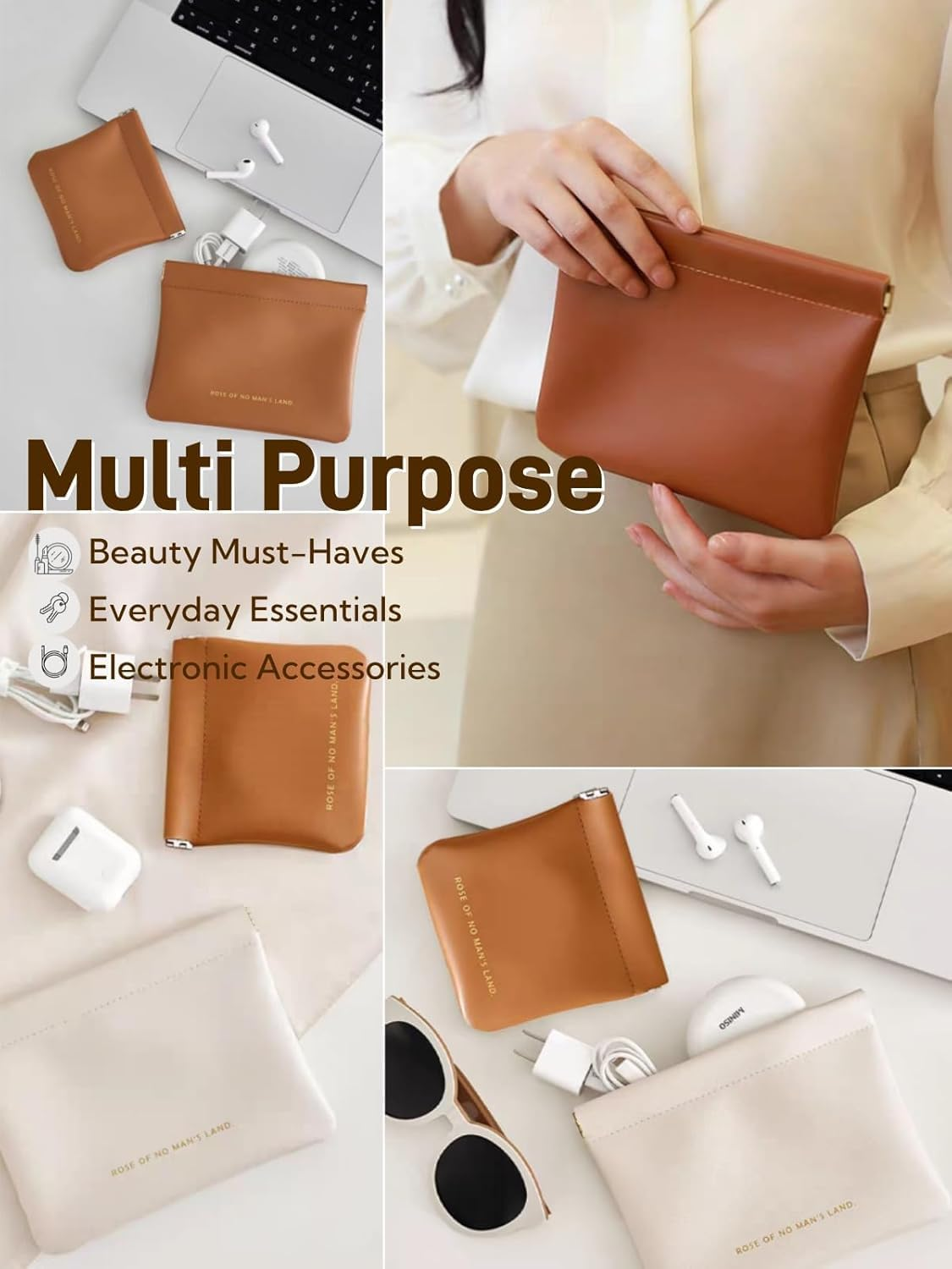 2 PCS Makeup Bag for Women, PU Leather Travel Cosmetic Pouch with Zipper, Waterproof and Durable, Perfect for Purse, Travel, or Gifting (Brown) image number 5