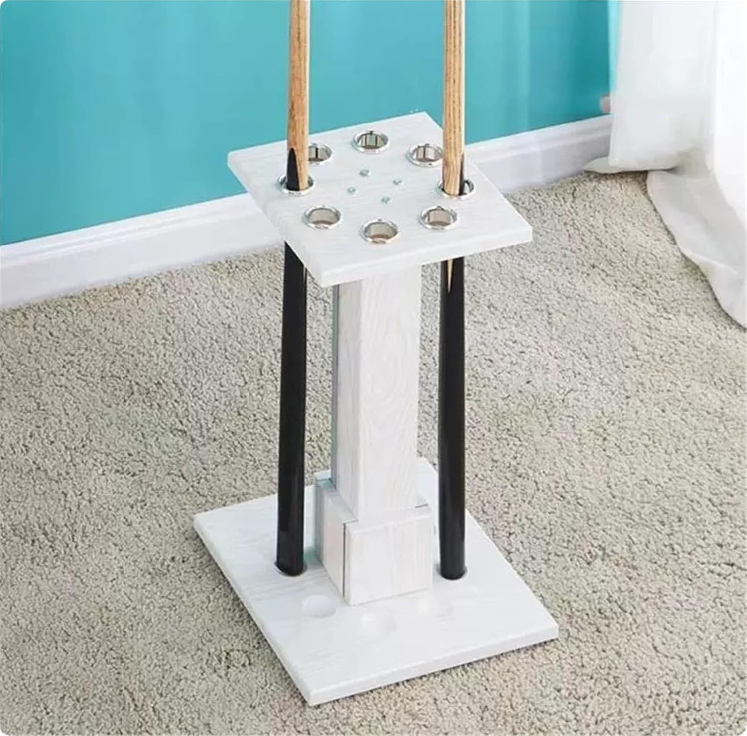 Pool Cue Rack,Free Standing Billiard Stick Stand,Fishing Rod Storage Rack,Holds 9 Cue,For Indoor Bar Billiard Room School Home Club(White) - Black image number 3