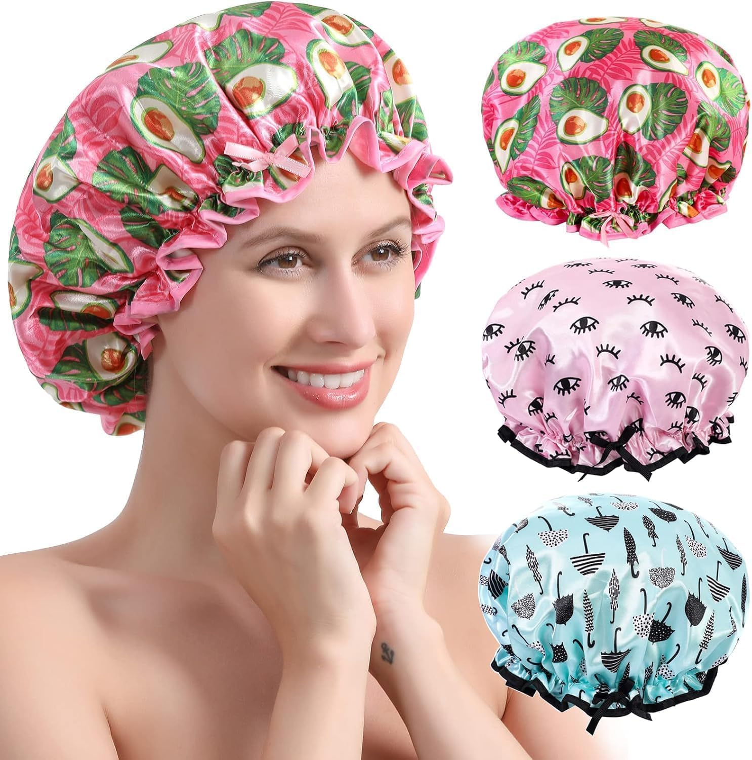 3 Packs Shower Cap, Large Shower Caps for Women Eusable Waterproof,Double Layer Waterproof Shower Cap for Long Hair image number 2