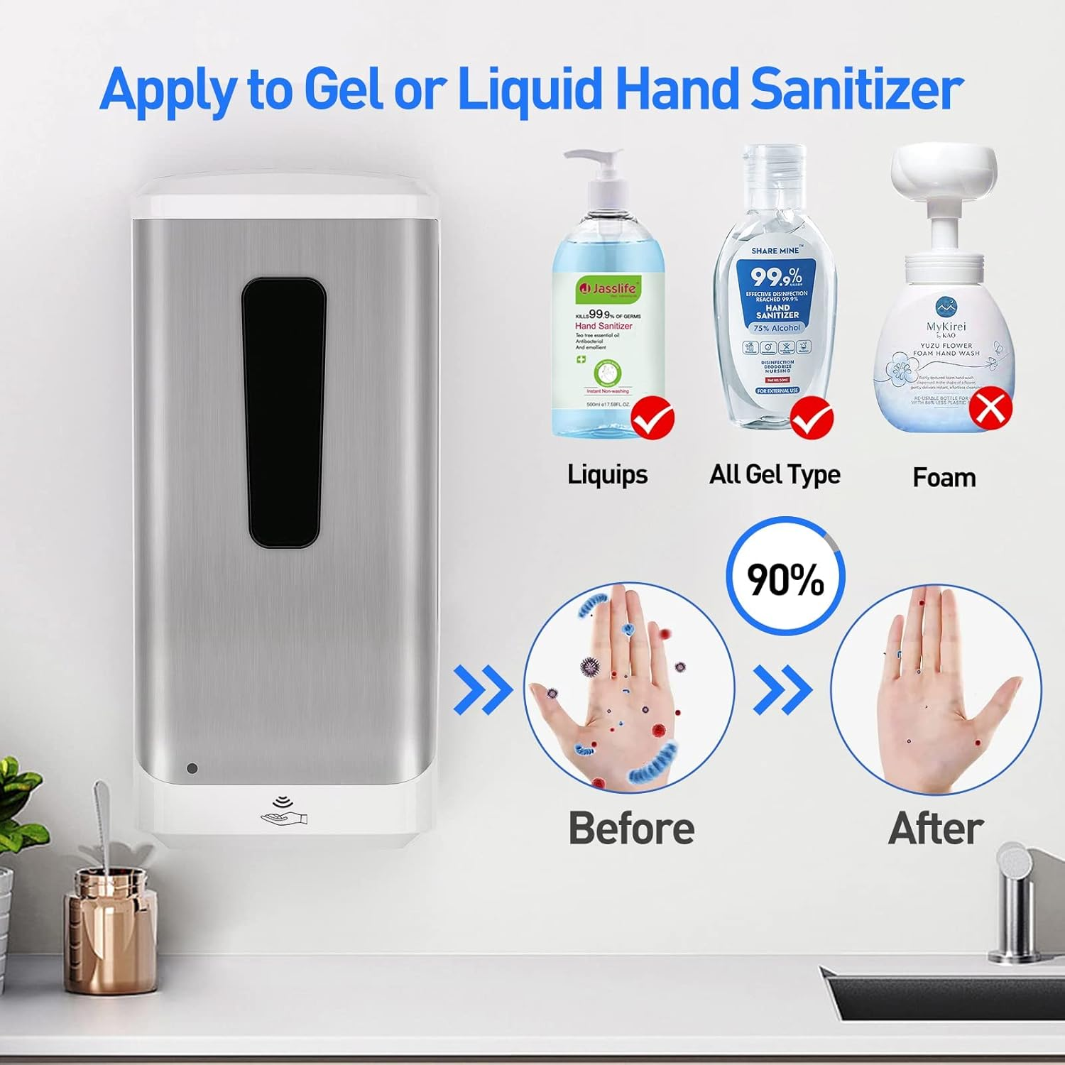 Jewaytec Automatic Hand Sanitizer Dispenser, 1000ML Wall Mounted Stainless Design Soap Dispenser Touchless Battery Powered Auto Liquid Dispenser for Office, Home, Restaurant, and Healthcare Facilities image number 1