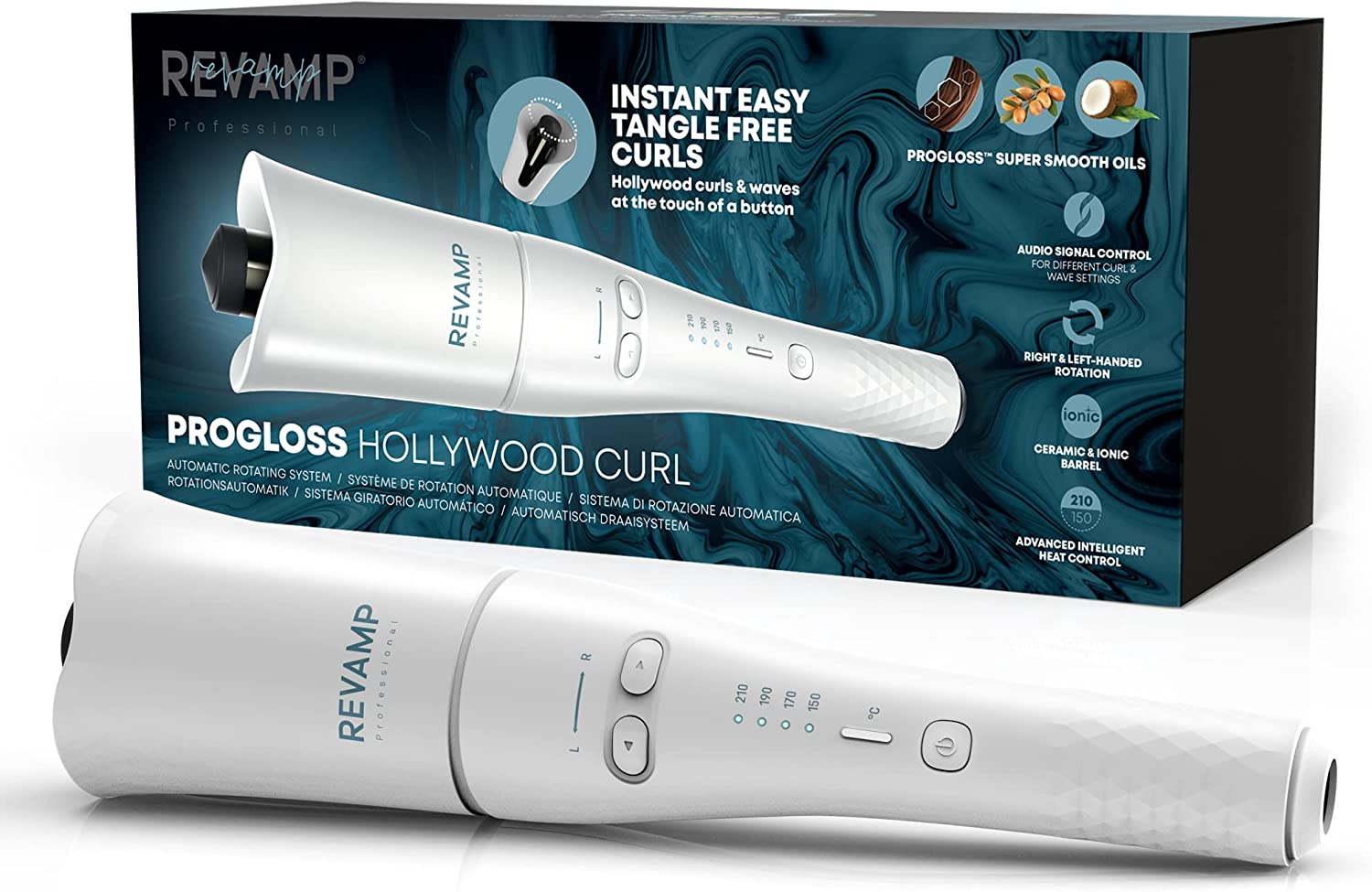 REVAMP Progloss Hollywood Curl - Automatic Rotating Hair Curler, Automatic Curling Iron for Curls & Voluminous Waves, Ceramic Ions with Nourishing Oils, Heat Protection Mat - Amazon Exclusive, White