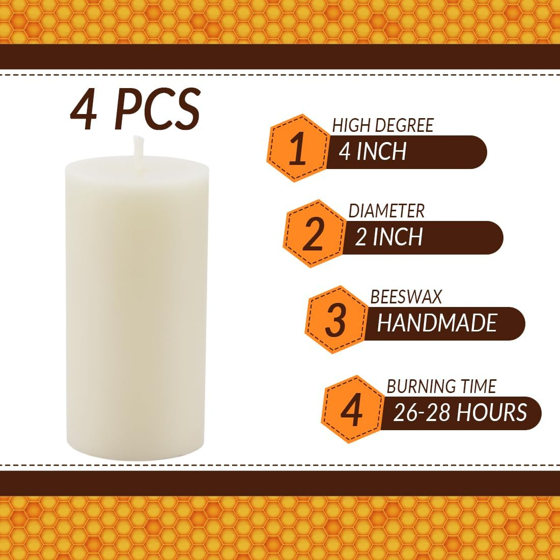 Beeswax Pillar Candles Set of 4, Smokeless Dripless Pure Beeswax Candle Set with Natural Scent for Room Decoration Prayer Party, Long Lasting Burn Time,2X4 Inch,White Raw image number 2