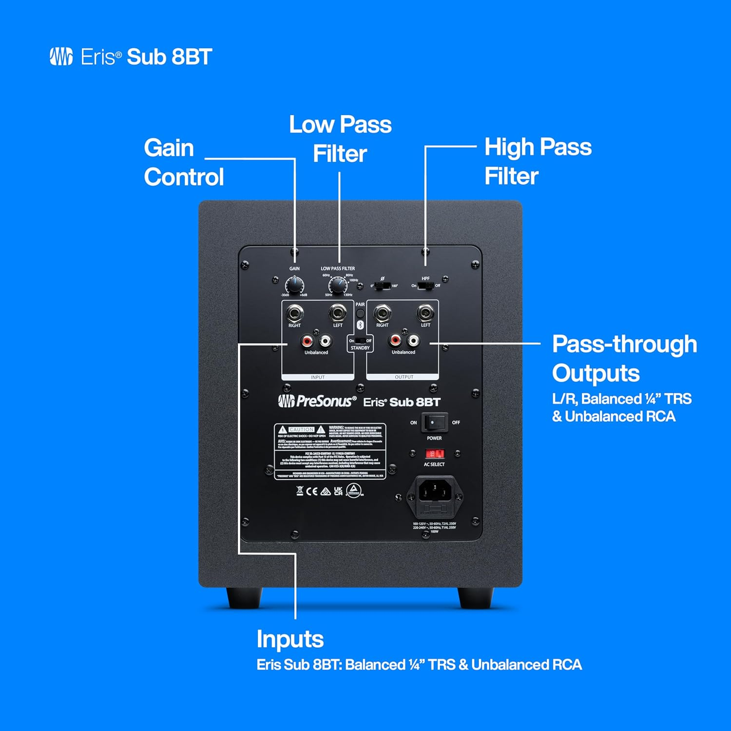 Presonus Eris Sub 8BT &mdash; 8-Inch Active Studio Subwoofer with Bluetooth for Multimedia, Gaming, Studio-Quality Music Production image number 6