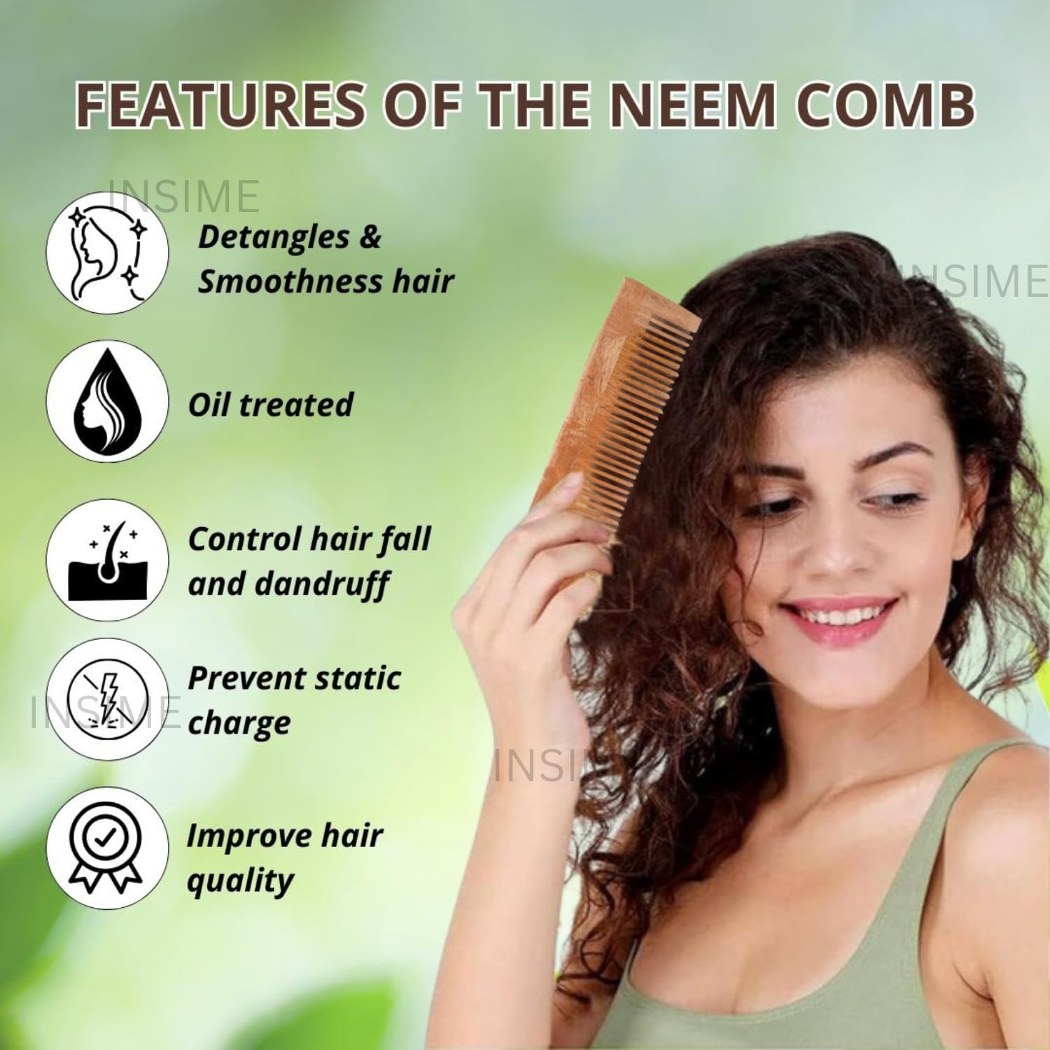 INSIME Neem Wooden Comb for Women Hair Growth | Kacchi Herb Treated Neem Wood Comb for Men Women | Wide Tooth Hair Comb for Men & Women (Pack of 2) image number 6