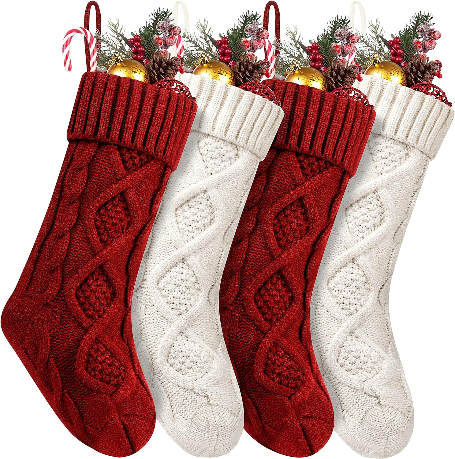 Fesciory 4 Pack Christmas Stockings 18 Inches Large Size Cable Knitted Stocking Gifts & Decorations for Family Holiday Xmas Party, Ivory White and Burgundy