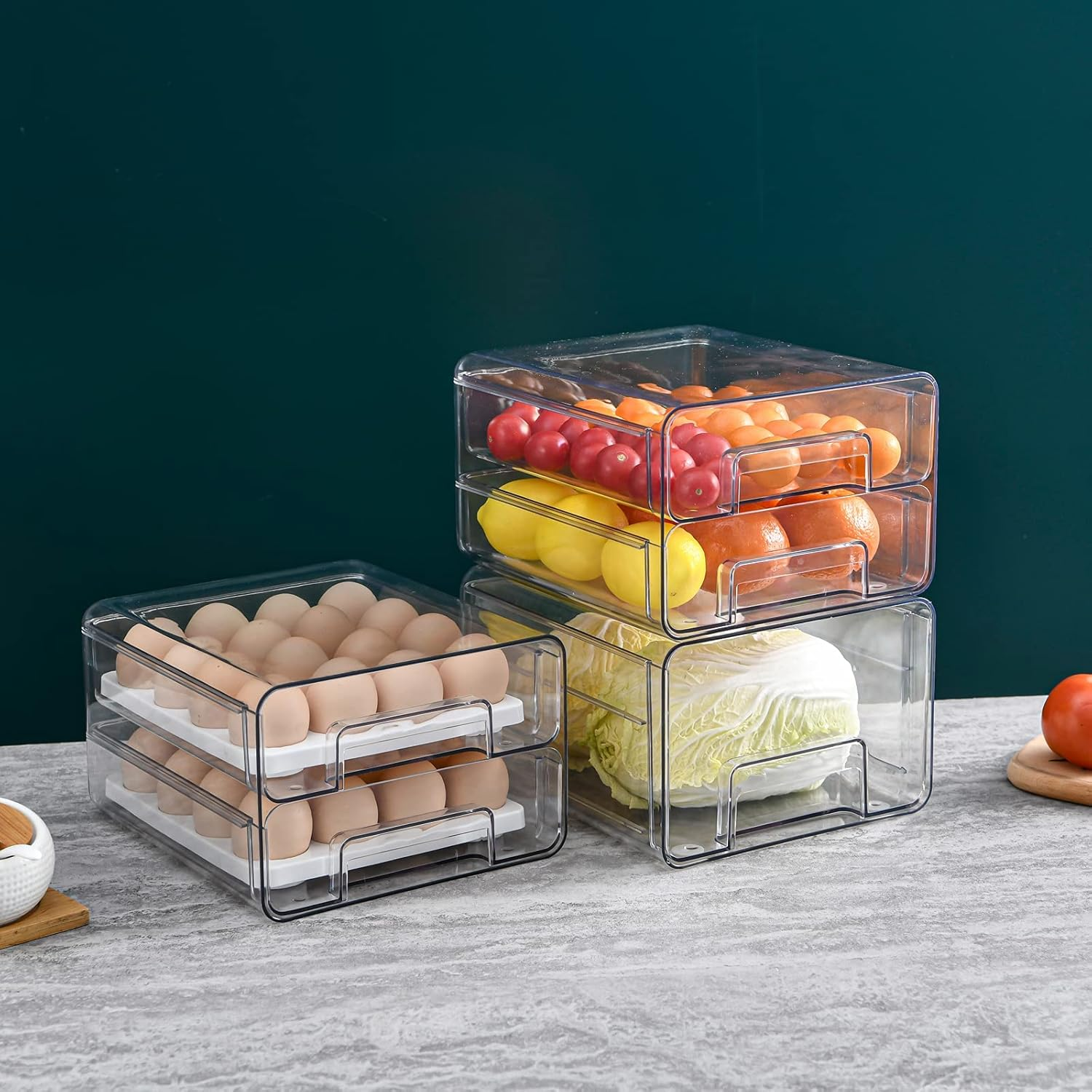 Food Storage Containers Pantry Organizer with Lids, Removable Drain Tray Fruit Vegetables Storage Rack Clear Fridge Storage Stackable Meal Fresh Keeper Bins image number 2