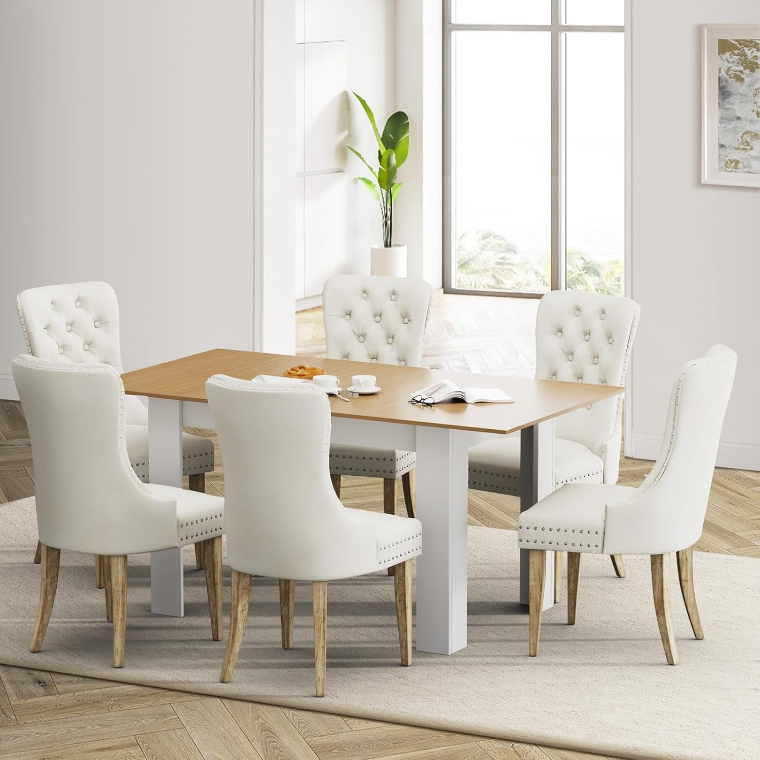Oikiture Dining Table and Chair Sets 7Pcs Home Dining Sets with Wooden Table and Velvet Chairs image number 4