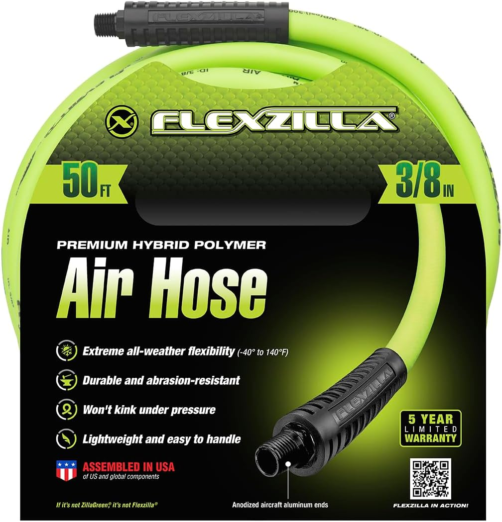 Flexzilla Air Hose, 3/8 In. X 50 Ft., 1/4 In. MNPT Fittings, Heavy Duty, Lightweight, Hybrid, Zillagreen - HFZ3850YW2 image number 1