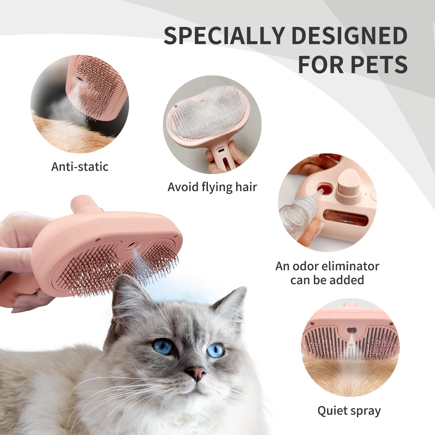 Spray Cat Brush for Shedding, 3 in 1 Steam Cat Brush Remove Static Flying Hair Pet Grooming Brush Self Cleaning Dog Brush for Long and Short Hair Dogs and Cats Remove Tangled Loose Hair (Pink) image number 4