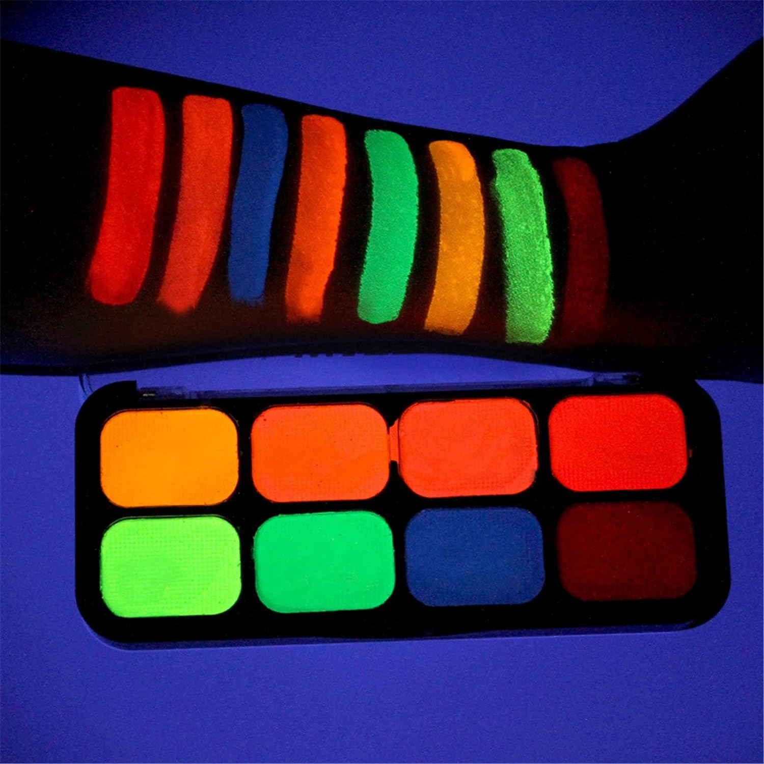 Roseflower 8 Colours UV Blacklight Neon Fluorescent Body Face Paint, 3Pcs Art Paint ,Glow in Dark Face Body Paint, Professional Non-Toxic Makeup Pallet Halloween FX Party Artist Fancy Adult Painting image number 3