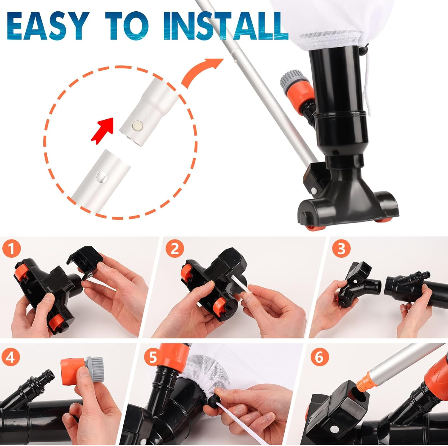 Portable Pool Vacuum for above Ground Pools - Non-Electric, Water Pressure-Driven Cleaner with Telescopic Pole, Leaf Suction Head & Filter Bag image number 3