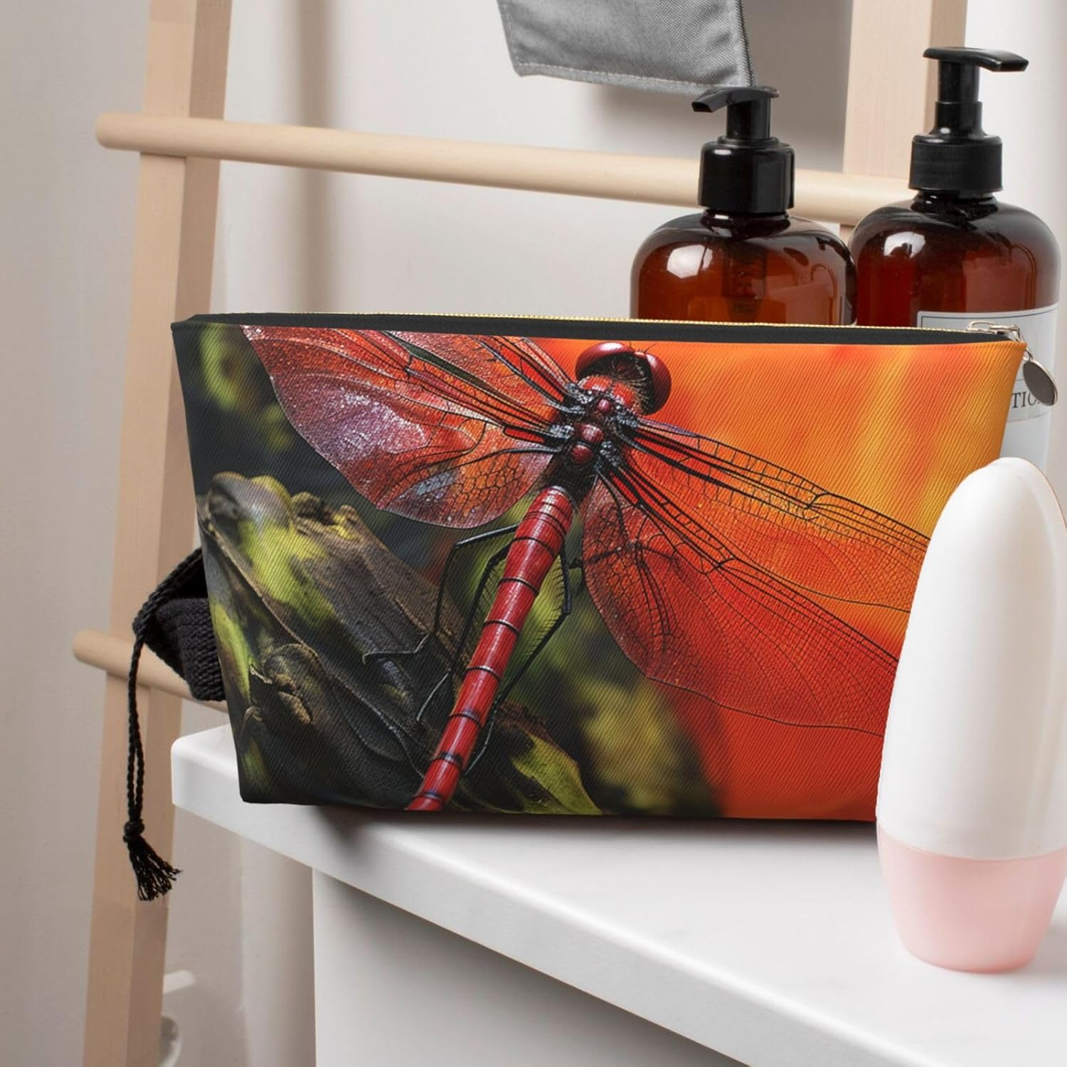 SDTYKHJ Large Capacity Makeup Bag for Women, Waterproof Portable Shaving Bag, Small Toiletry Bag, Red Dragonfly, Leather Cosmetic Organizer Bags for Travel, Gold, One Size image number 5