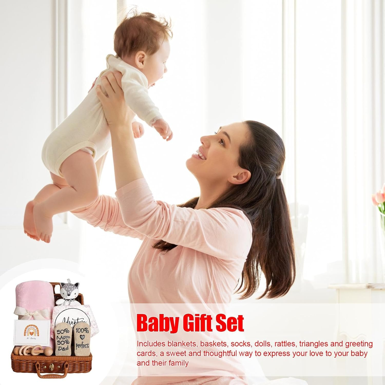 Baby Gift Basket - Shower Gift Basket | Sets with Baby Blanket Rattle | Includes Blanket, Socks, Doll, Rattle, Triangular Towel & Greeting Card &ndash; Perfect Babies Shower Set for New Parents image number 3