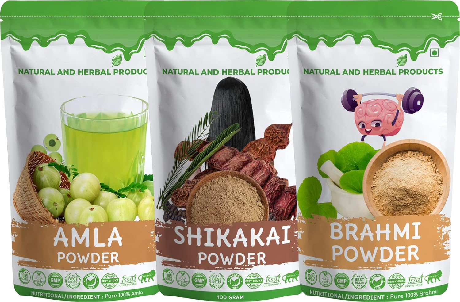 Shikakai Amla Brahmi Powder for Hair Care Combo - 100Gram (Pack of 3)