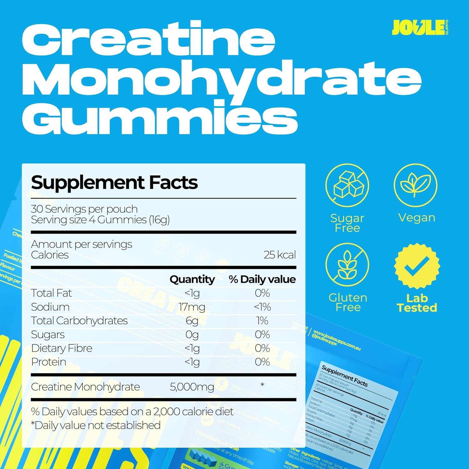 Creatine Monohydrate Gummies - 5,000Mg Creatine, 30 Servings (4 Gummies per Serving), 3Rd Party Lab Tested, Creatine Supplement for Men & Women, Electric Blueberry Flavour - Joulesupps image number 6