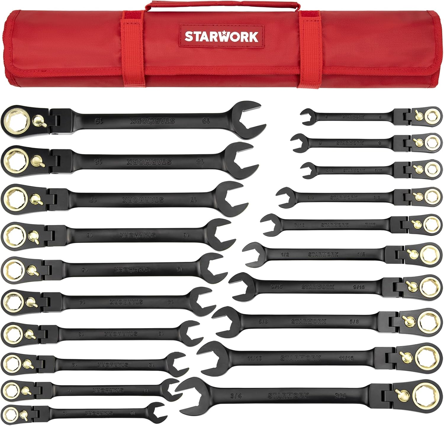 STARWORK TRUE MECHANIC&trade; 20 Pc. 120T Reversible Ratcheting Combination Wrench Set, Non-Slip, Long Pattern, SAE, Metric, Professional, with Portable Roll-Up Pouch Bag image number 6
