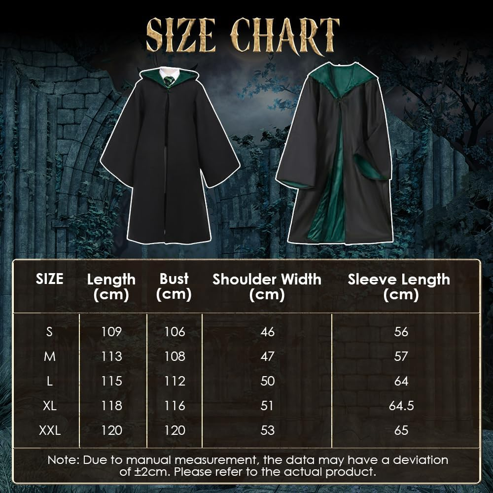 AUTOWT Unisex Wizard Cloak Costume Set for Adults, 6Pc Magician Wizarding Robe Outfits with Hooded Cape Magic Hat Wand Scarf Glasses Tie Movie Dress up Accessory for School Carnival Halloween Cosplay