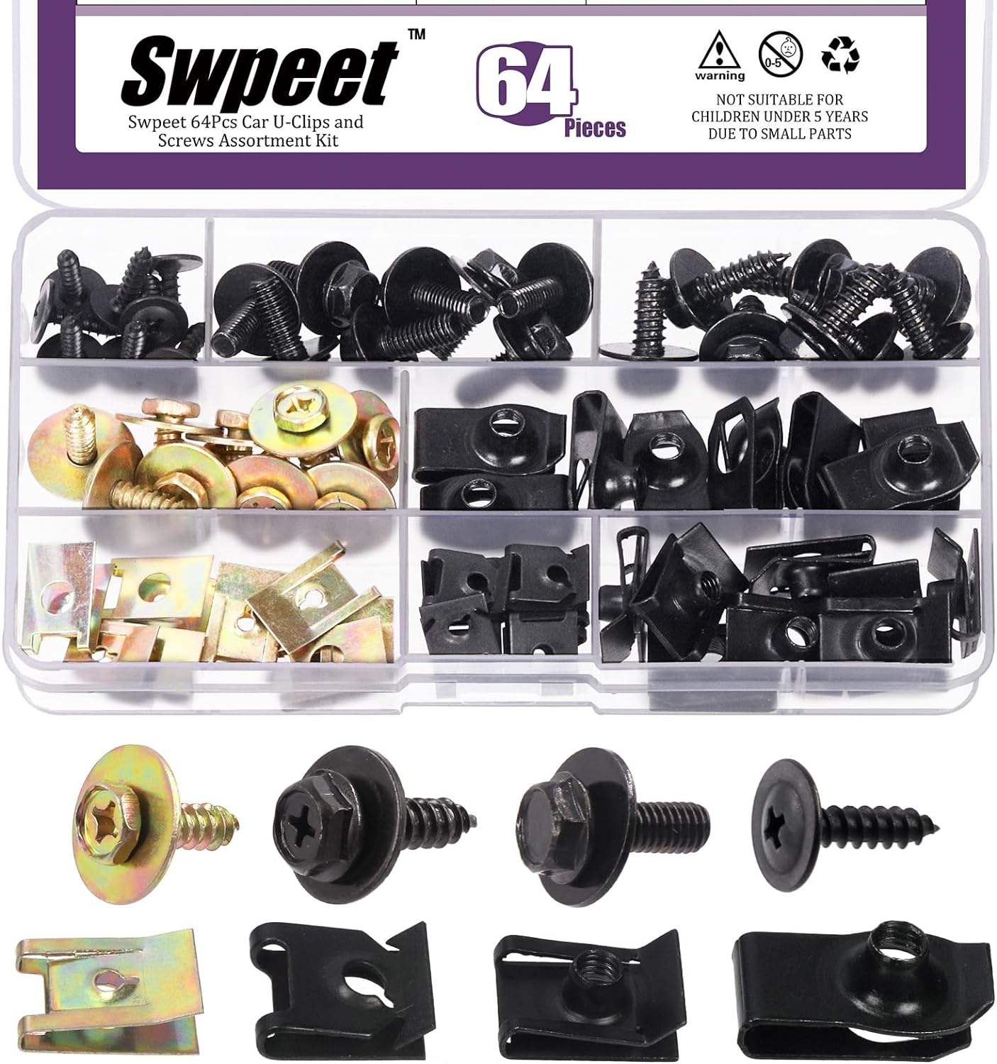 Swpeet 64Pcs Universal Metal Engine under Cover Body Bolts Bumper Fender and Trim Panel Spring Clip Auto Car U-Clip Moulding with Matched Screws Compatible with VW Audi 4A0-867-276A image number 1