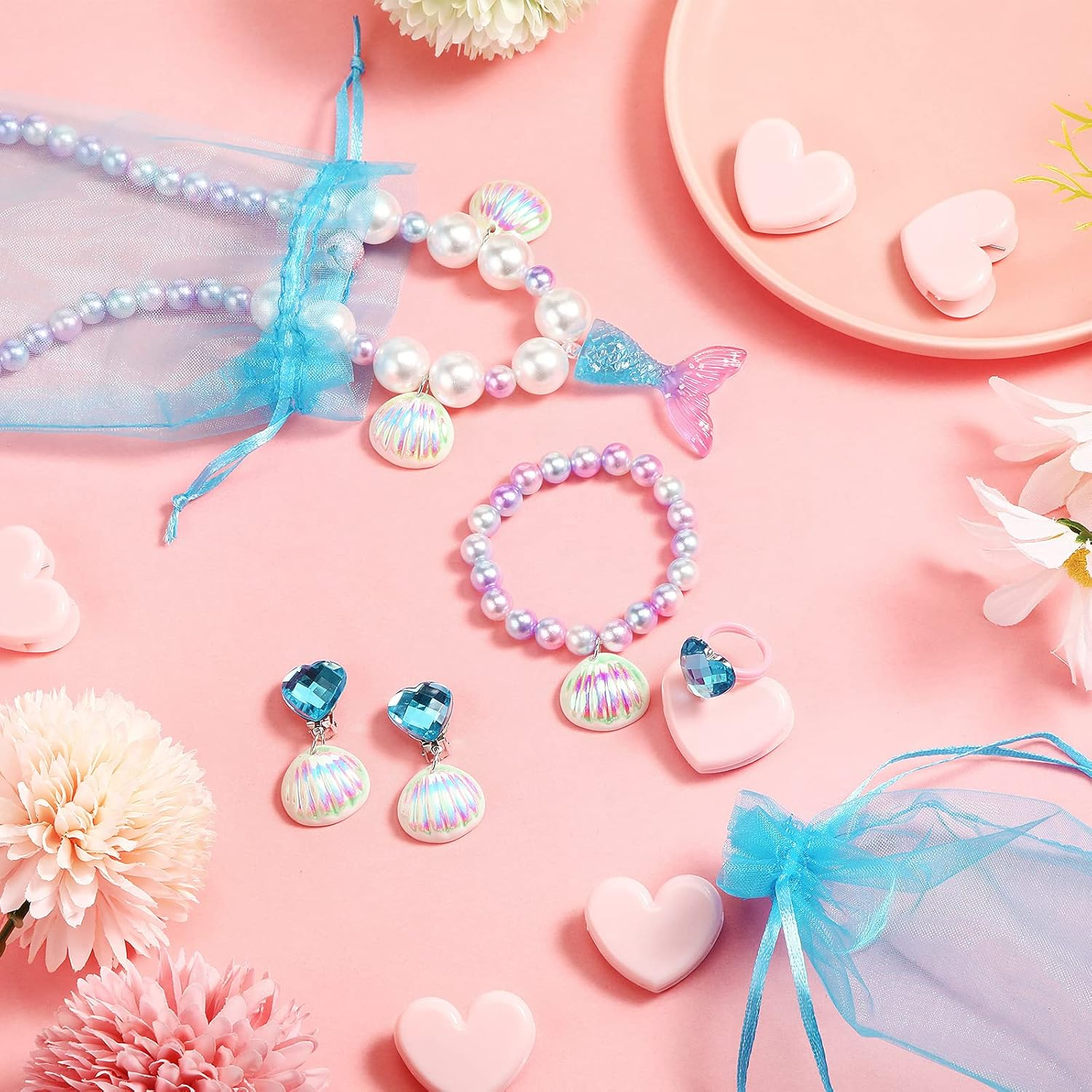 Mermaid Necklace Bracelet Set Mermaid Jewelry Kit Included Shell Necklace Bracelet Ring Earrings Organza Bags for Mermaid Party Costume Jewelry Supplies - Blue image number 3