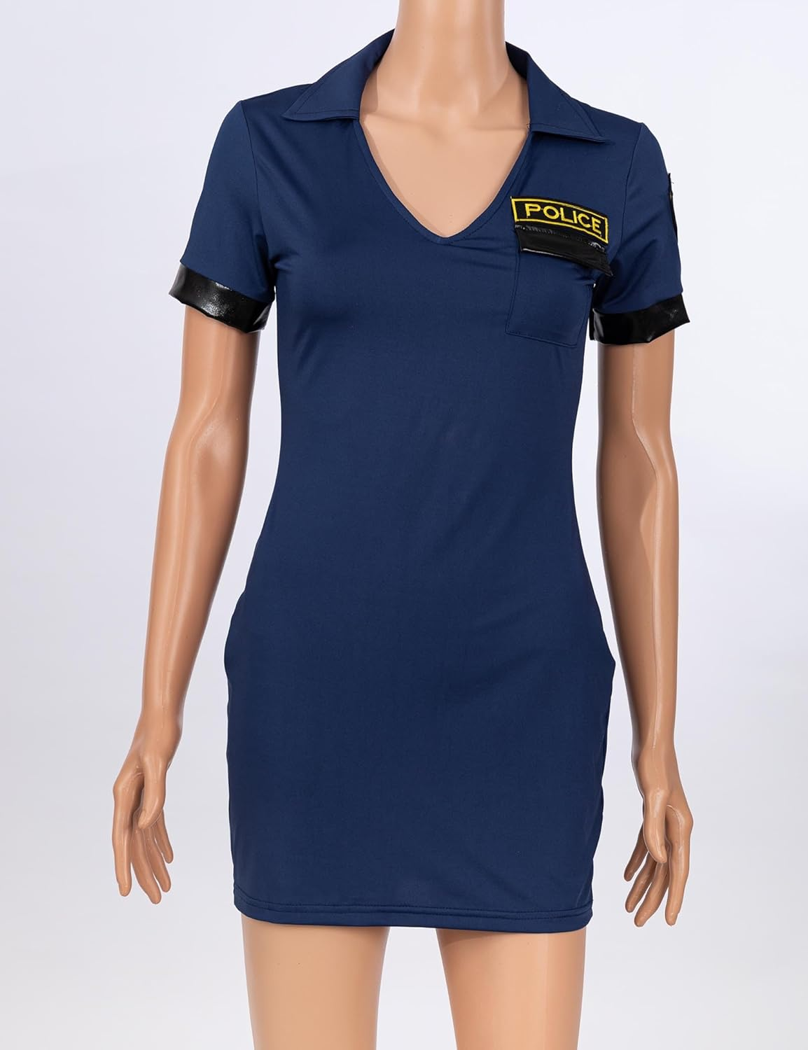 Cop Costume Womens Police Officer Uniforms Adults Halloween Costume Dresses with Police Hat, Waist Belt,Glasses,Tights image number 4