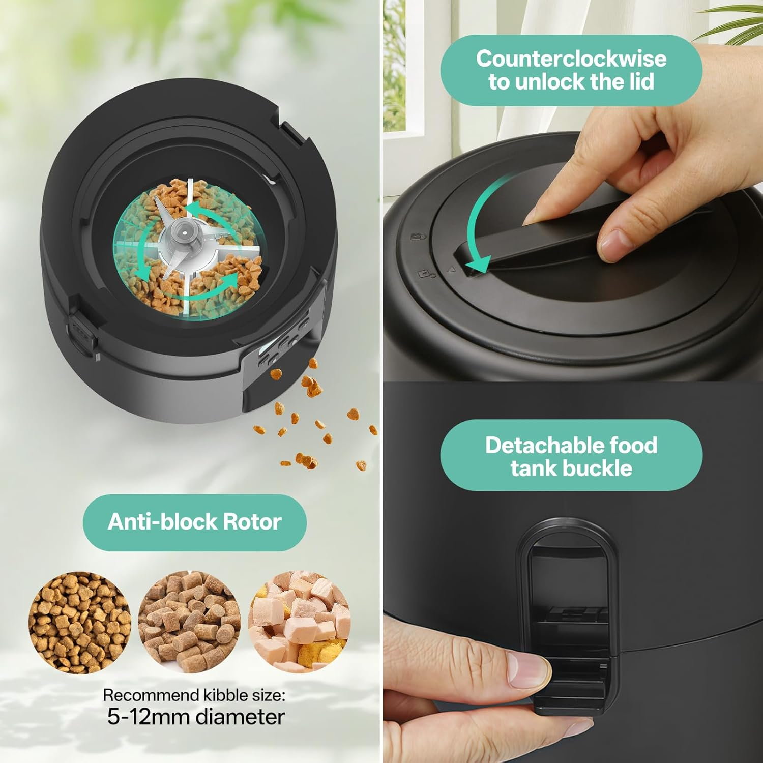 BFLICROY Automatic Cat Feeder, 2L Timed Pet Feeder, Reliable Scheduled Dog Food Dispenser, 1-4 Meals/Day, 1-40 Portions/Meal, Programmable Control, Dual Power Supply image number 5