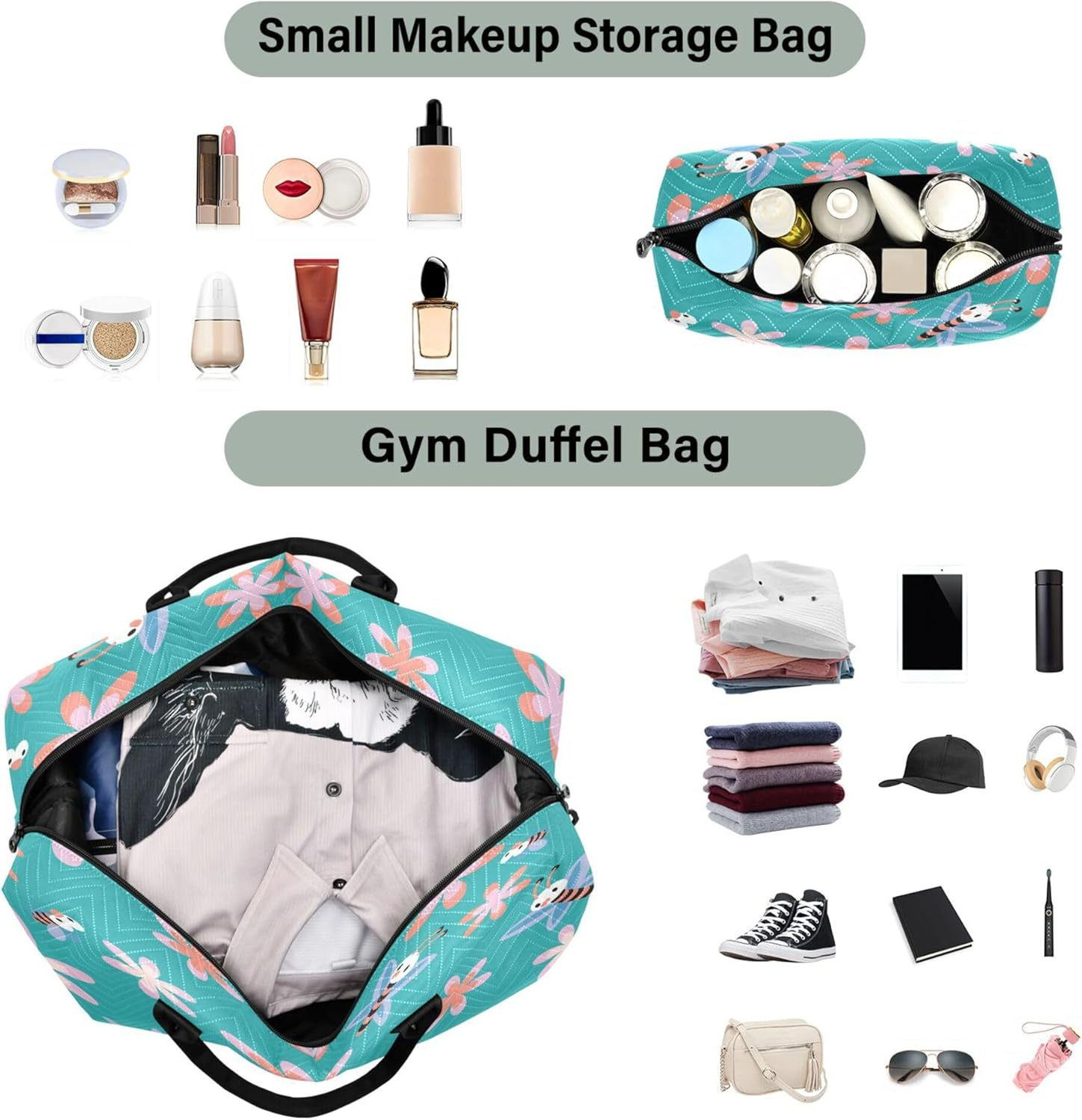Duffel Bags Workout Bag Travel Weekender Gear Bag with Adjustable Strap for Trekking Multifunctional Bee Cartoon Turquoise Flower, Multi, One Size, Modern/Fitted, Multi, One Size, Modern/Fitted image number 5