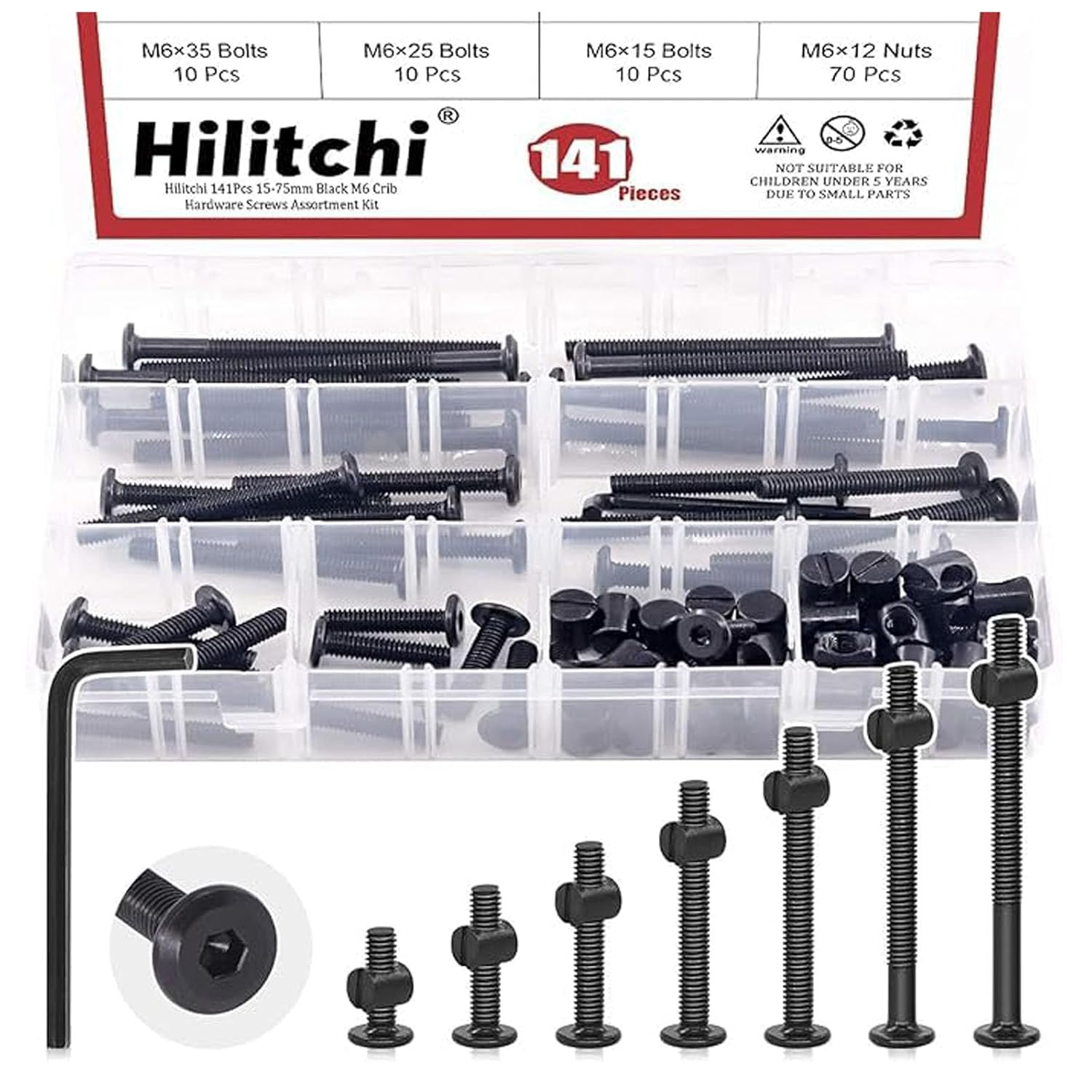141Pcs Black Hardware Home Tools Set, Hex Bolts and Barrel Nuts with 1 X Hex Wrench, Great for Furniture, Screws M6 &times; 20/30/40/50/60/70/80Mm Hardware Screw Kit, image number 4