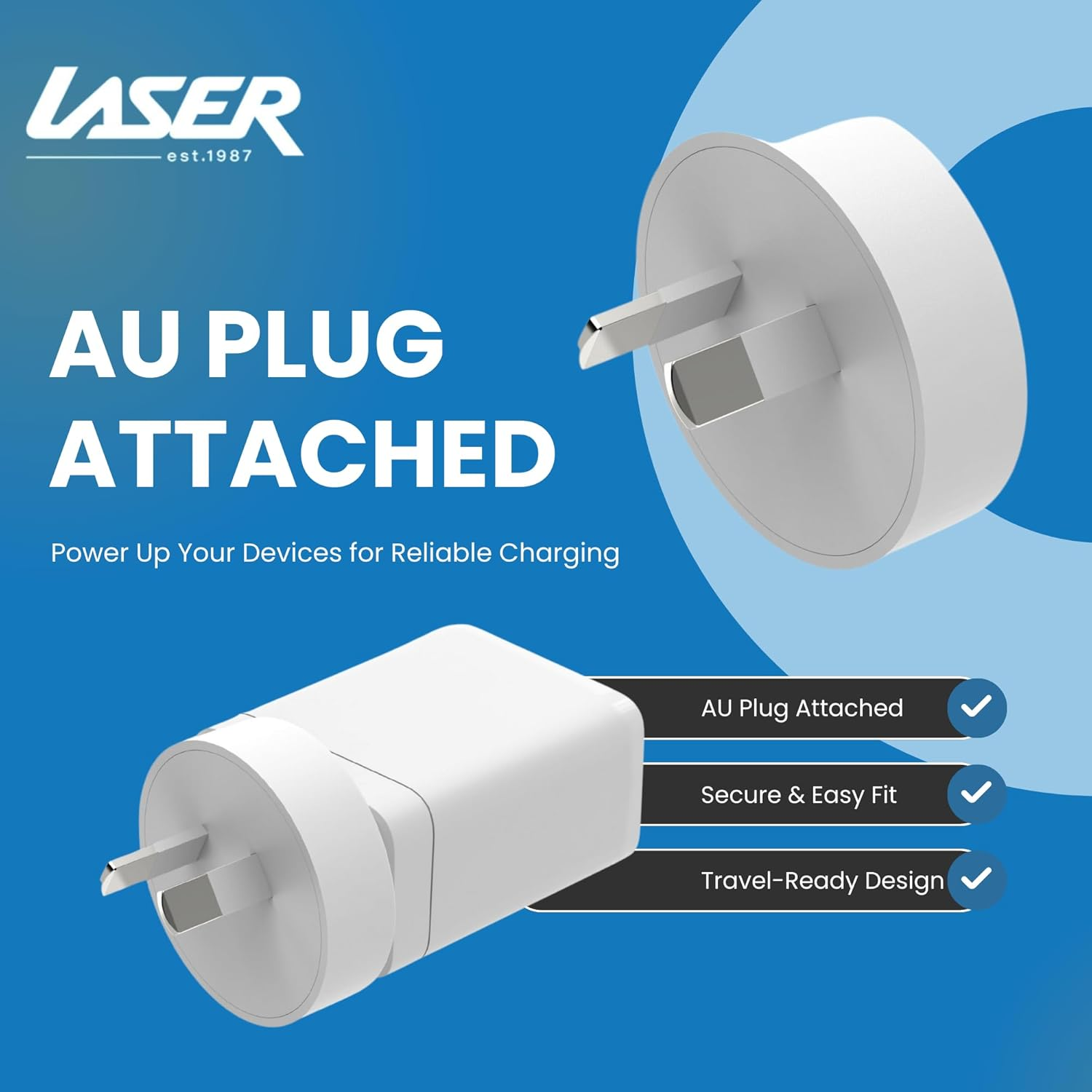 Laser 65W Gan Portable Travel Charger &ndash; 4 International Universal Adapters (AU/EU/UK/USA), 3-Port Fast Charging (2 USB-C, 1 USB-A) for Laptops, Iphone 16/15/14, Galaxy S24/S23, Ipad Pro/Air &ndash; White image number 2