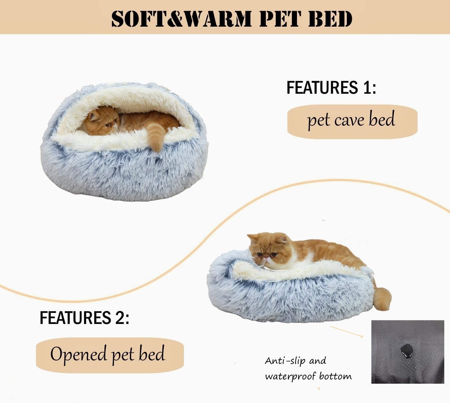 Cat Cave Bed Plush Calming for Indoor Cats Puppy, Cat Bed with Cover Cave and Thick Faux Fur, Reinforced Base for Small Pets, Machine Washable Pet Cozy Bed Cave with Non-Slip Bottom (25.6X 25.6Inch) image number 5