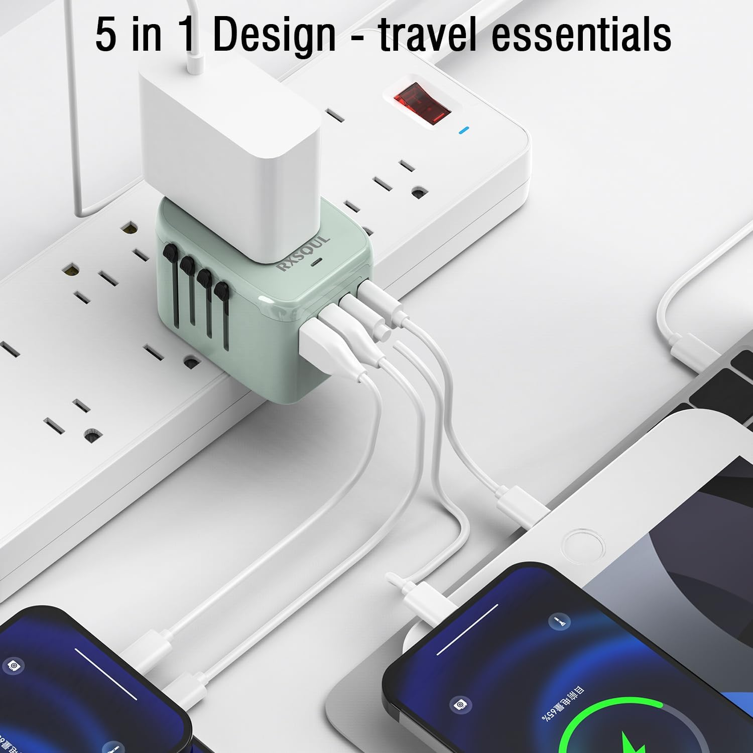 Universal International Power Travel Plug Adapter, 5 in 1 European Travel Plug Adapter W/ 3.5A 2Xusb-A and 2Xusb C Wall Charger and Worldwide AC Outlet for Europe USA Japan UK AUS Asia-Green image number 2