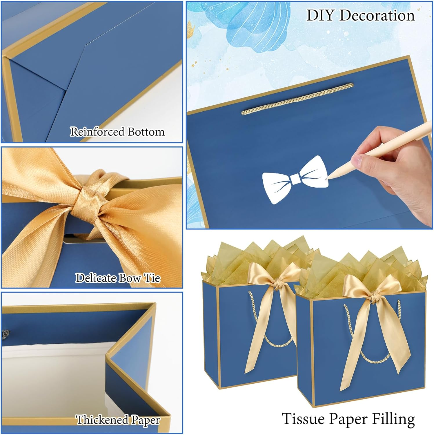 Oundarm 12 Pack 32 X 25 X 11CM Bow Blue Gold Handles Gift Bags with Gold Tissue Papers and Ribbons, Gift Paper Bags Bulk for Bridesmaid Birthday Fathers Day Graduation Anniversary Christmas image number 2