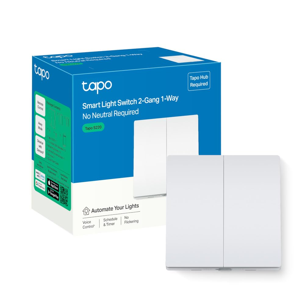 Tp-Link Tapo Smart Light Switch 2 Gang 1 Way, Remote Control, Tool-Free Battery Replacement, No Neutral Required, Compatible Any Bulb, Works Alexa & Google Home, Tapo Hub Required, White image number 1