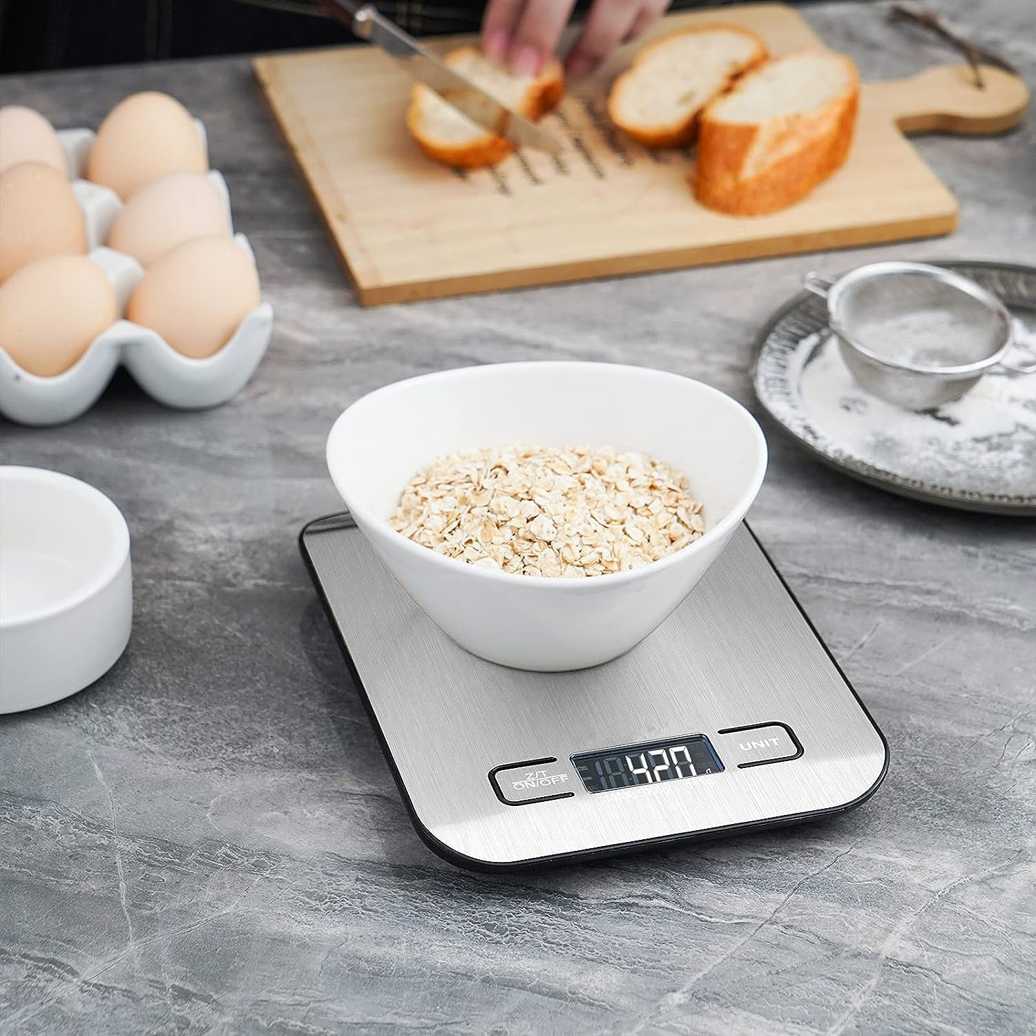 Mumoo Bear Food Kitchen Scale with 1G/0.01Oz Precise Graduation, 5Kg/11Lb Digital Grams and Ounces for Weight Loss, Baking, Cooking, Keto and Meal Prep, LCD Display, Medium, 304 Stainless Steel image number 4