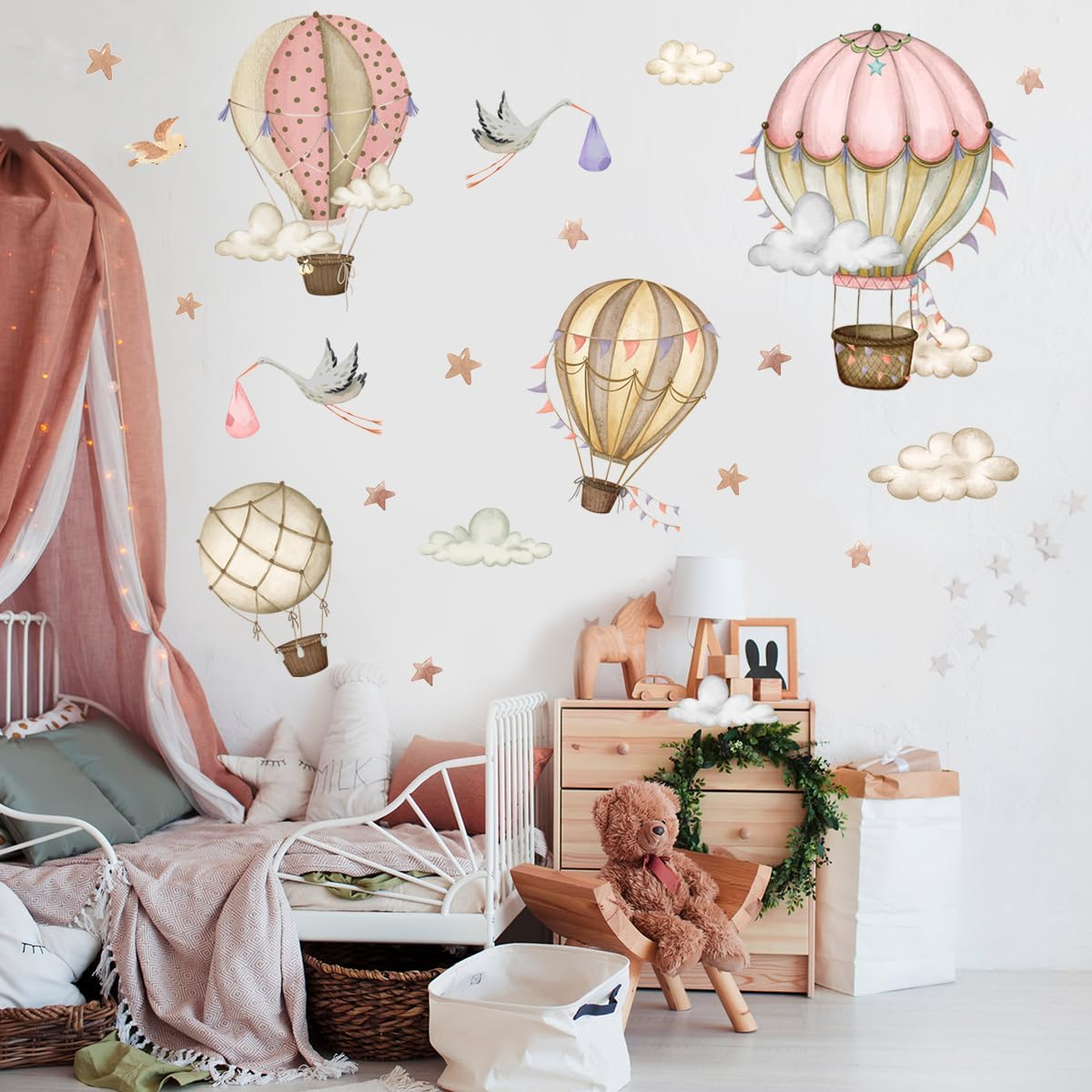 Removable Hot Air Balloons Wall Decals Watercolor Balloons Birds Stars Wall Stickers DIY Hand Painting Hot Air Balloons Clouds Flags Decor for Kids Girls Bedroom Living Room Nursery Decor